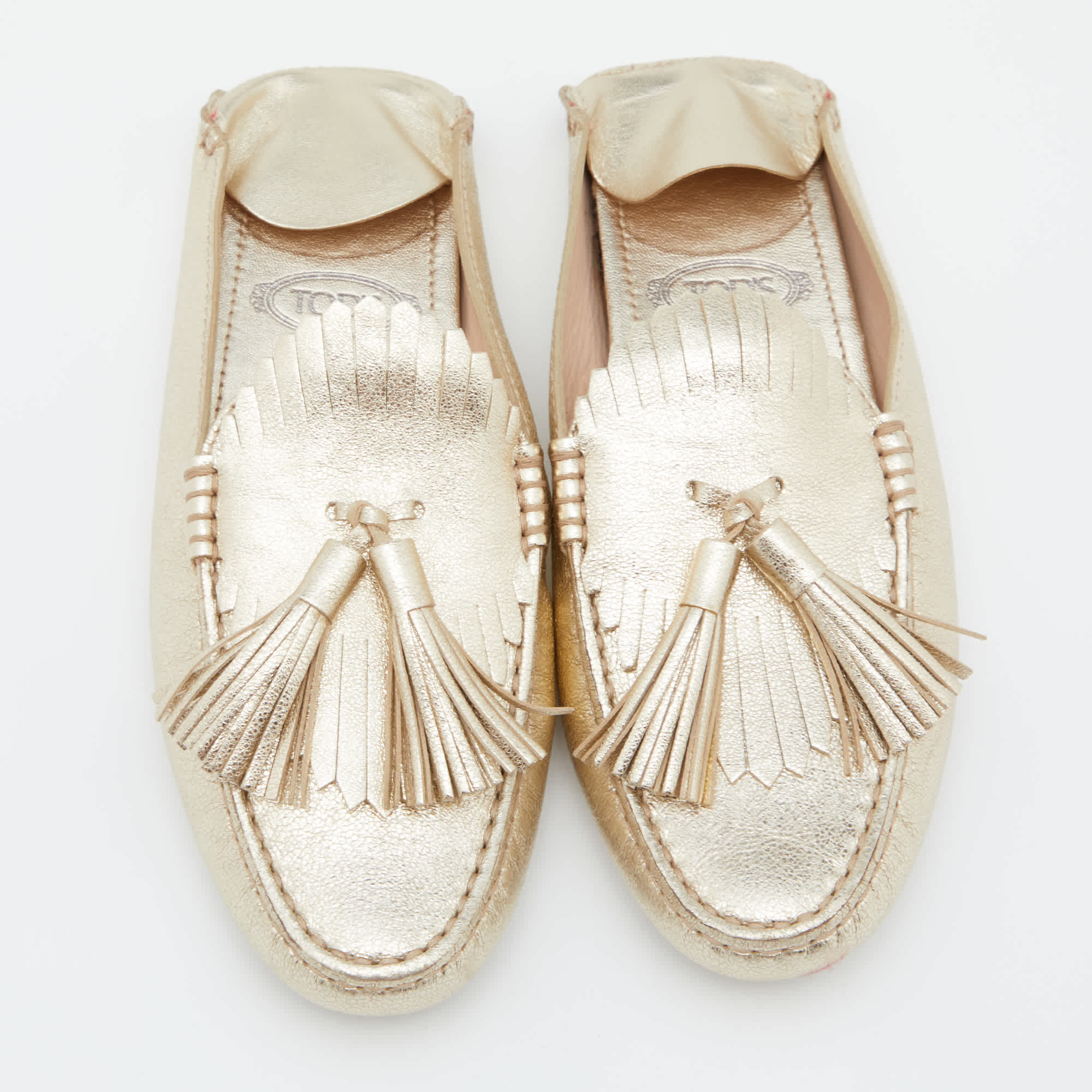 Tod's Gold Leather Fringe Flat Mules