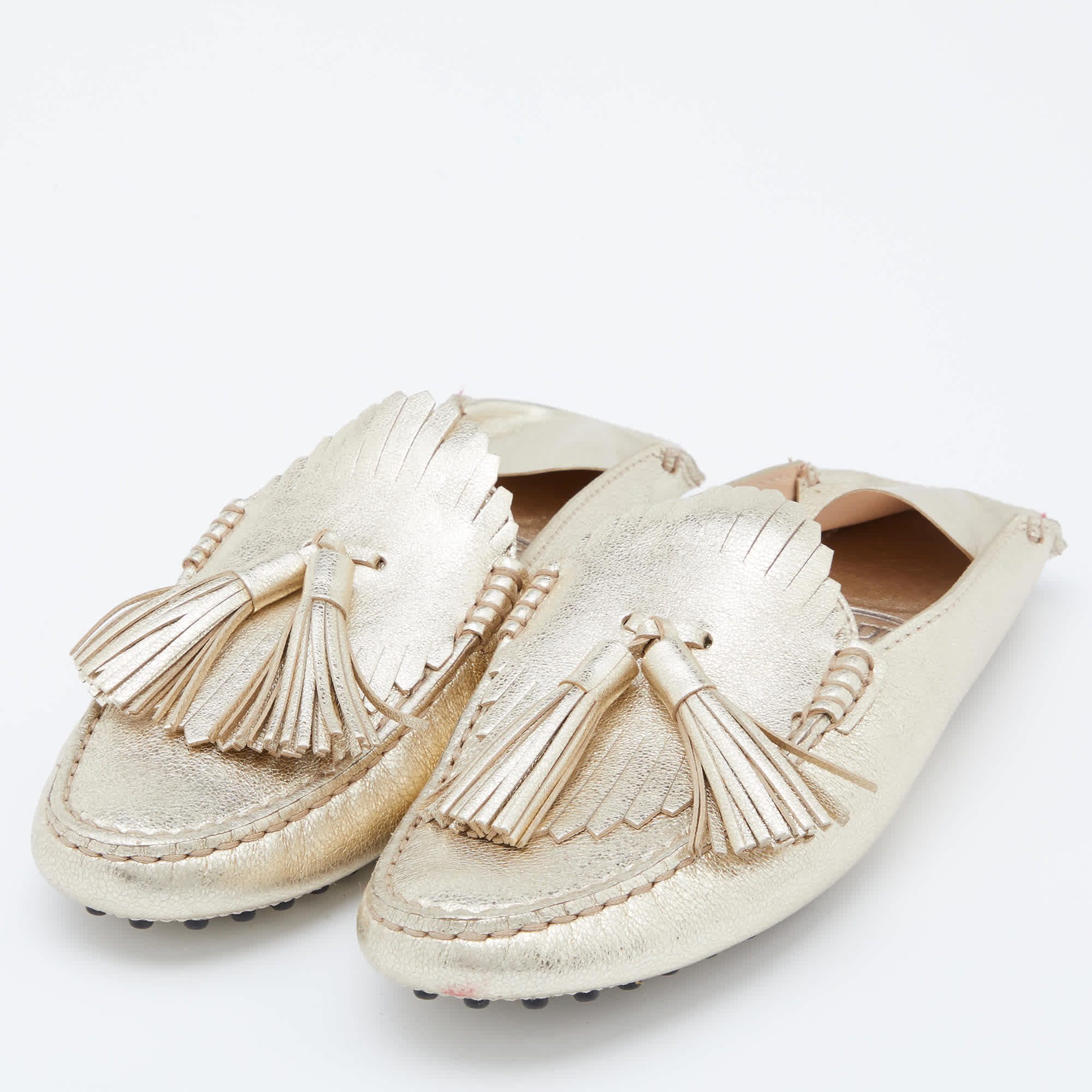 Tod's Gold Leather Fringe Flat Mules