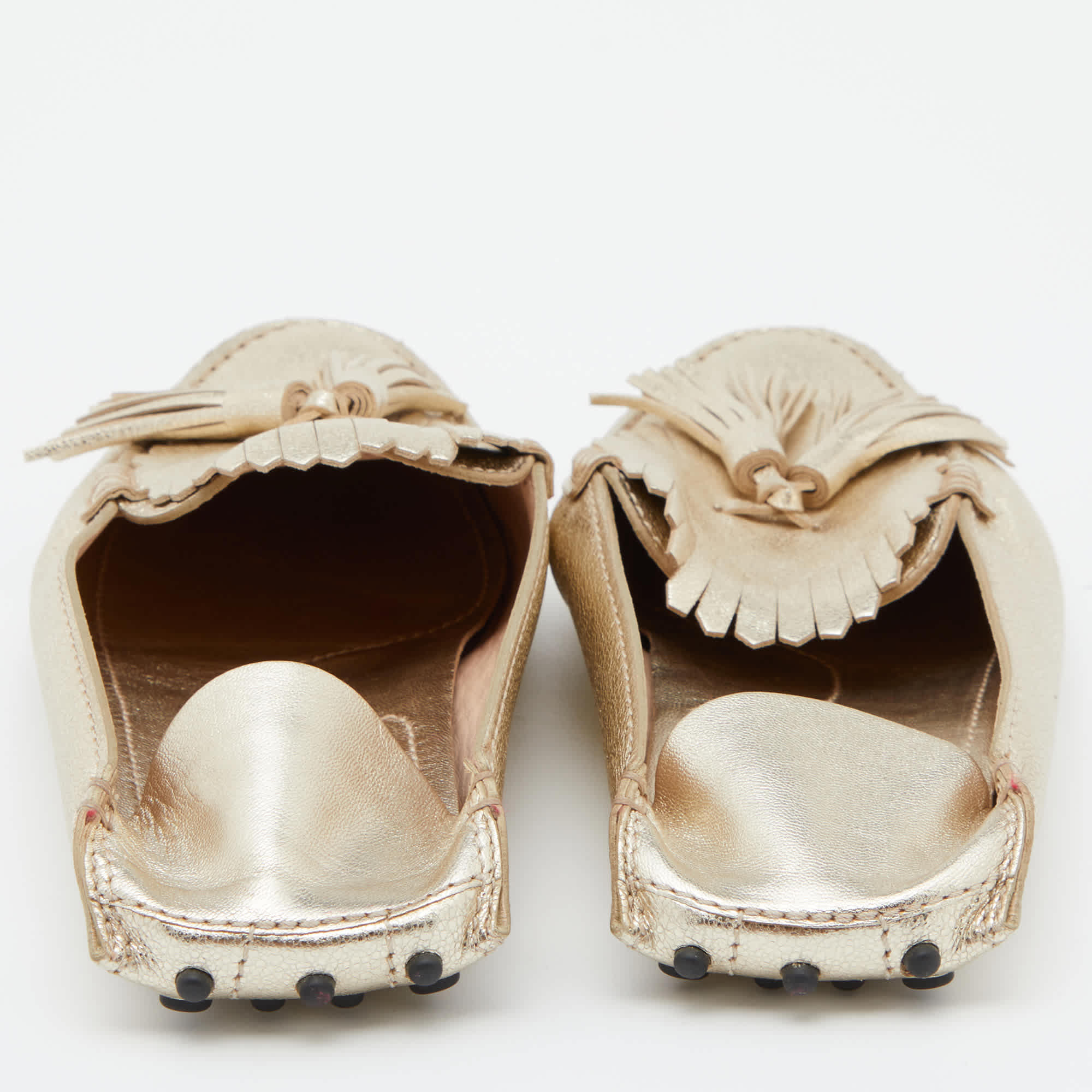 Tod's Gold Leather Fringe Flat Mules