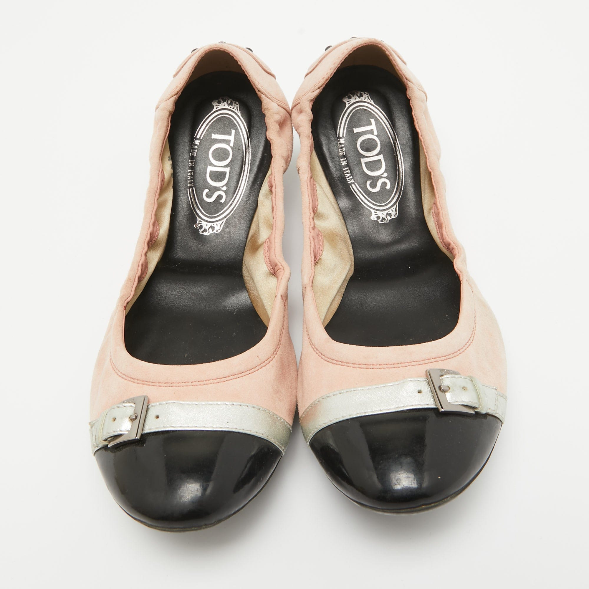 Tod's Pink Suede And Patent Leather Buckle Detail Scrunch Ballet Flats