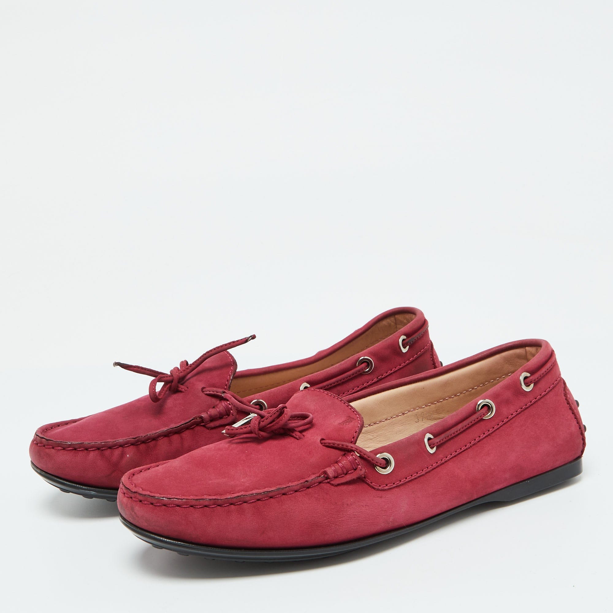 Tod's Berry Pink Nubuck Leather Bow Gommino Driving Loafers