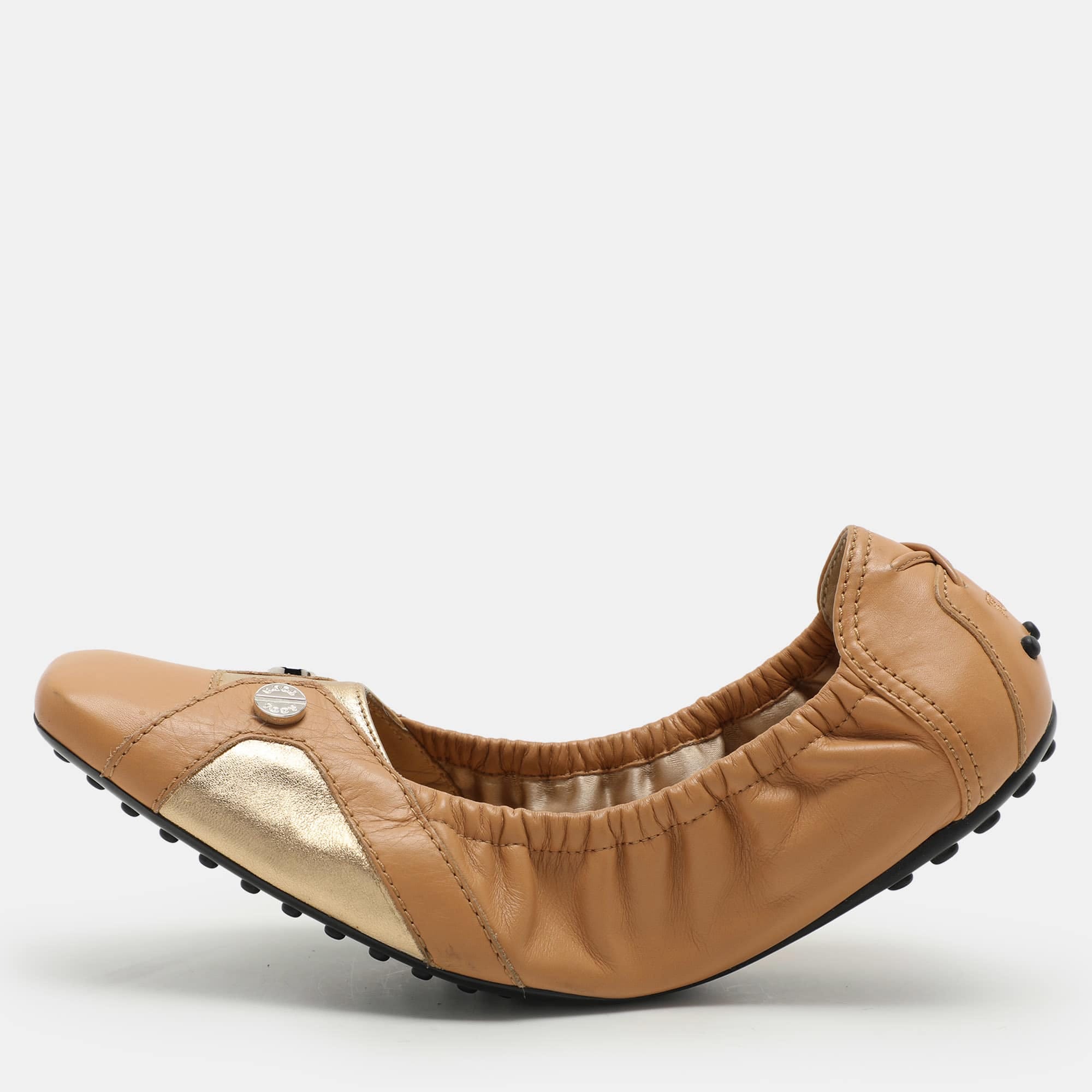 Tod's Brown/gold Leather Embellished Scrunch Ballet Flats