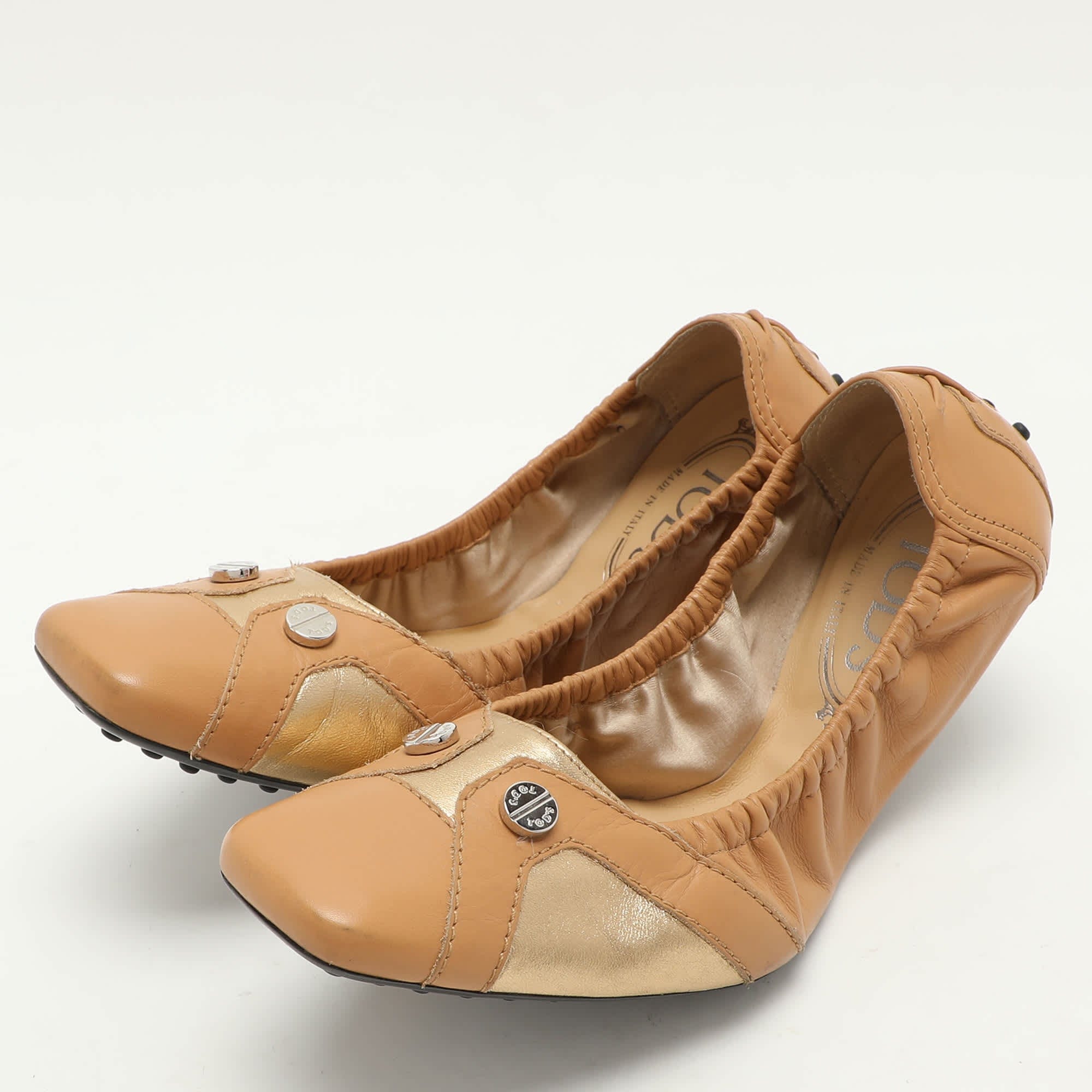 Tod's Brown/gold Leather Embellished Scrunch Ballet Flats