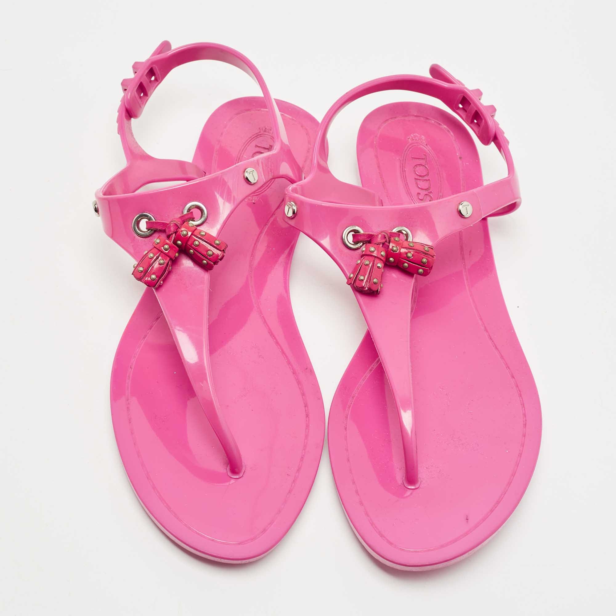 Tod's Pink Rubber Studded Tassel Thong Flat Sandals