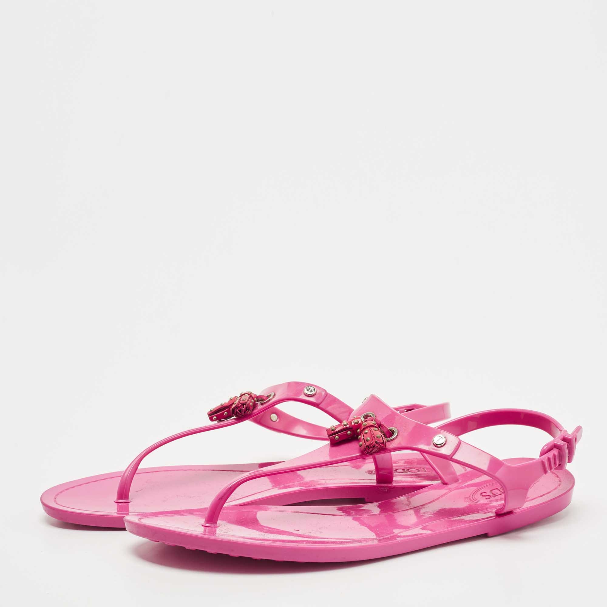 Tod's Pink Rubber Studded Tassel Thong Flat Sandals