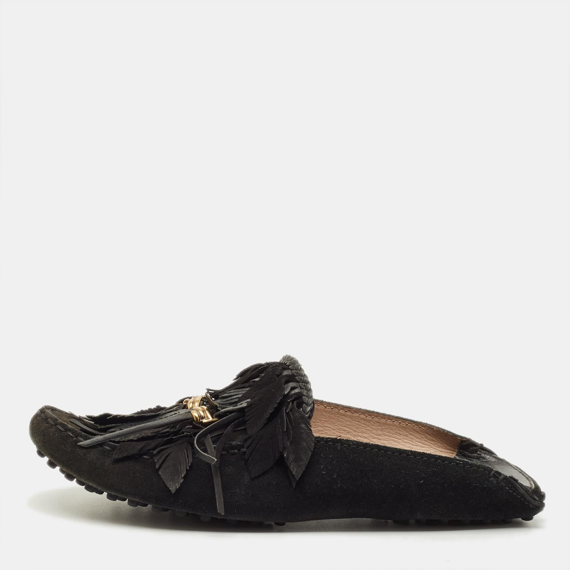 Tod's Size 38 Black Suede Tassel Fringe Mules