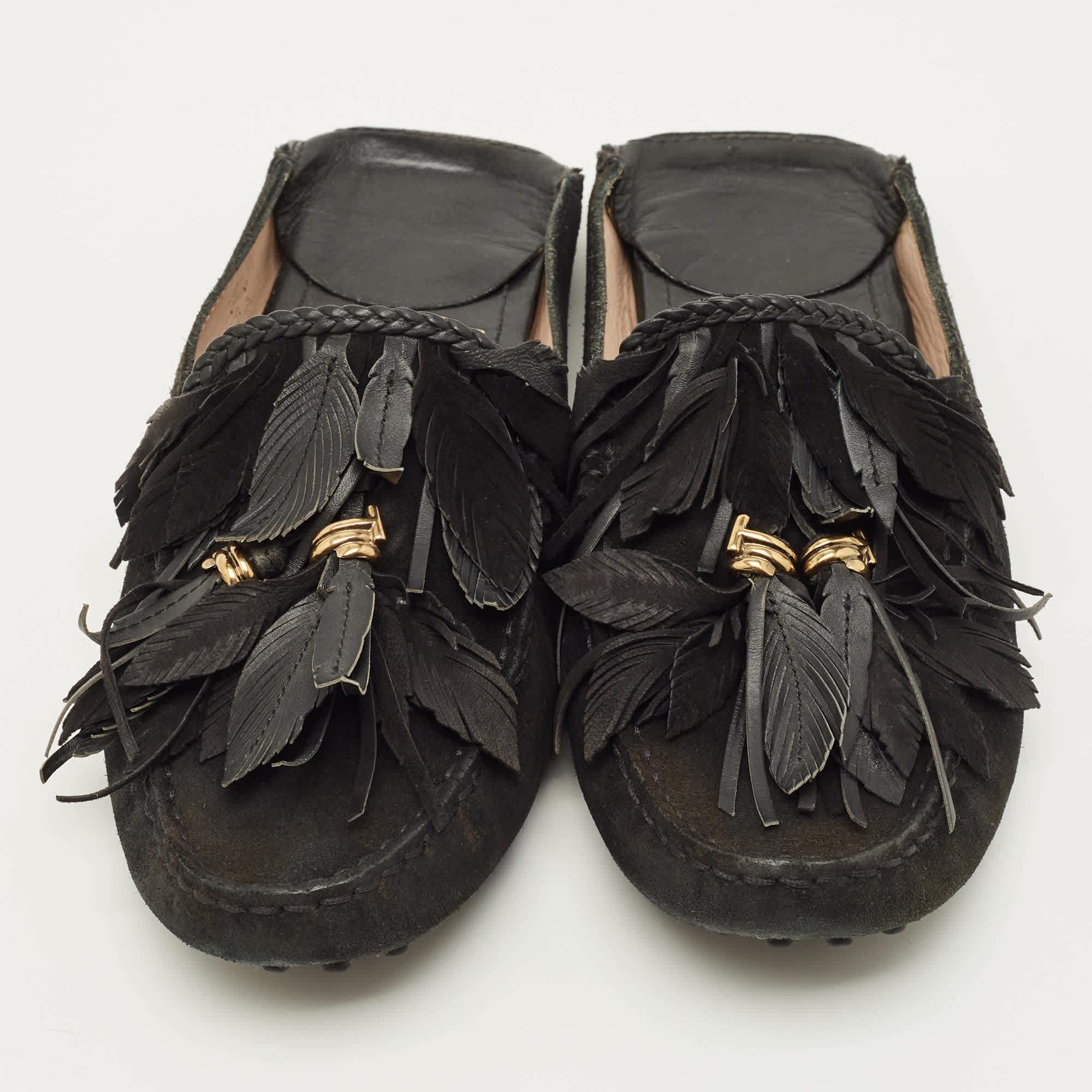 Tod's Size 38 Black Suede Tassel Fringe Mules