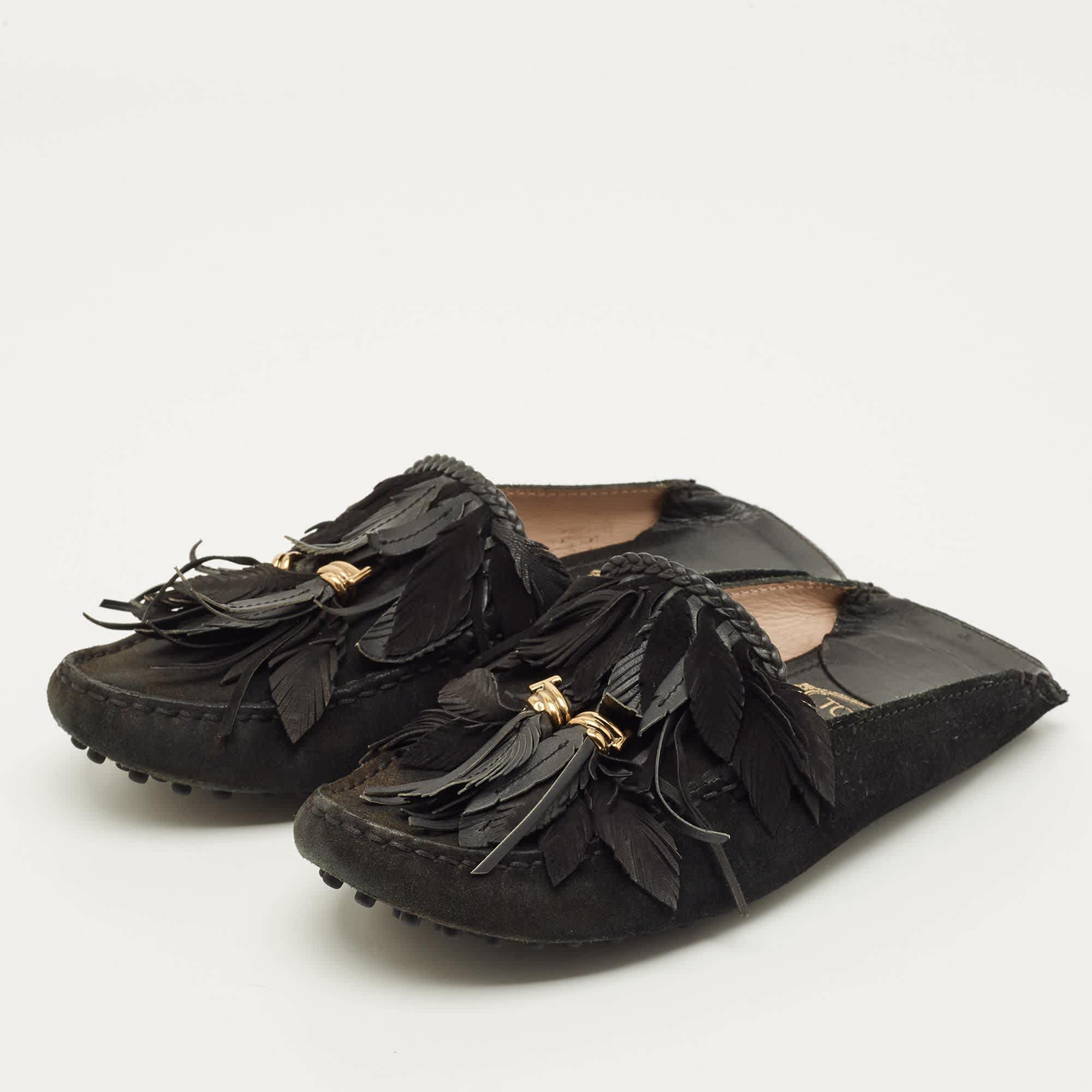 Tod's Size 38 Black Suede Tassel Fringe Mules