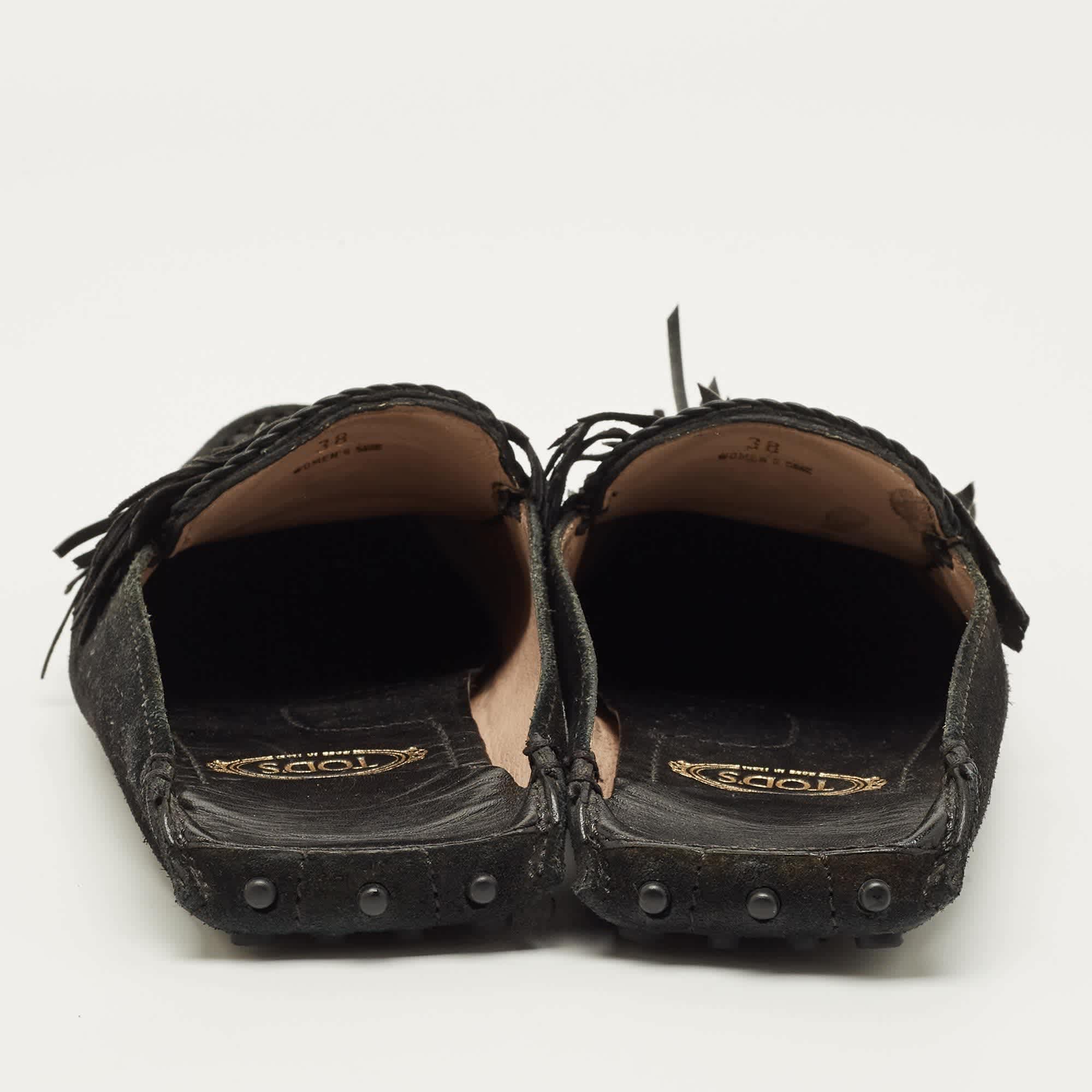 Tod's Size 38 Black Suede Tassel Fringe Mules