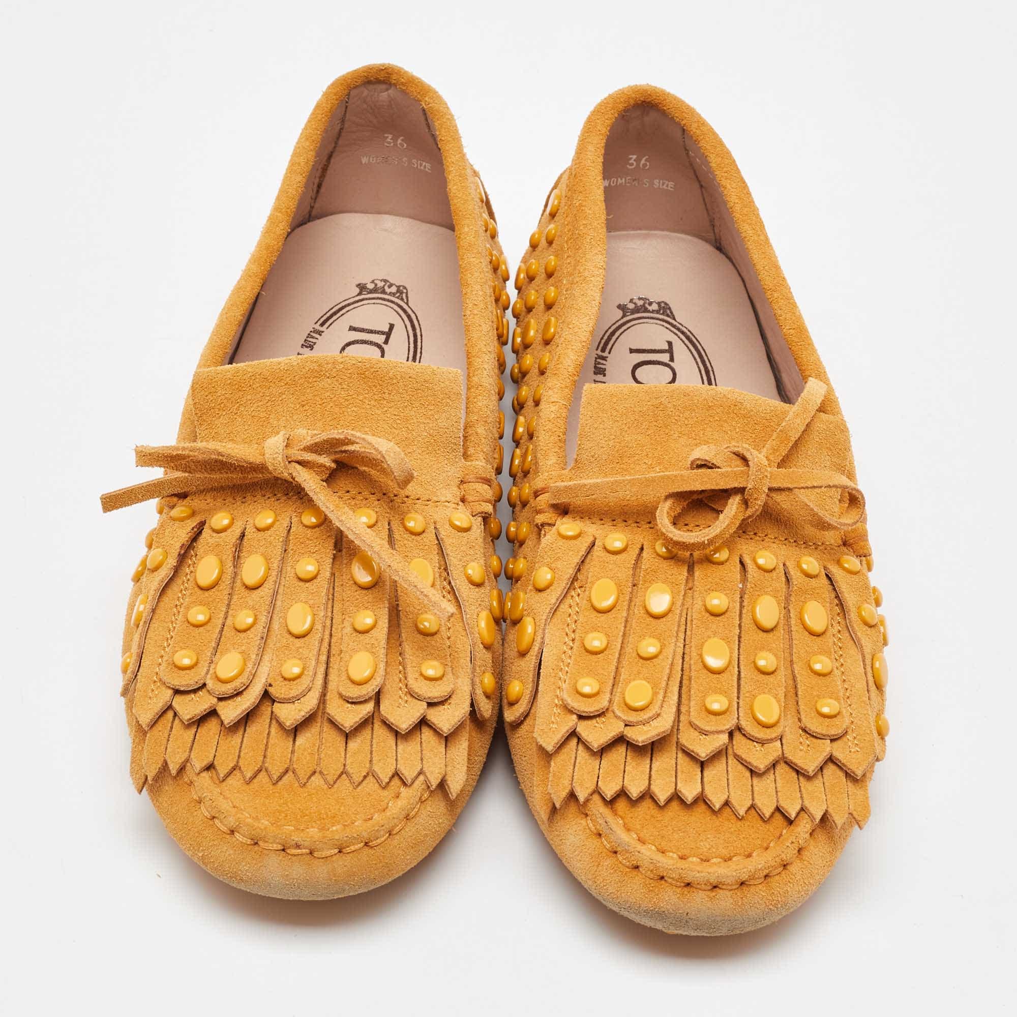 Tod's Yellow Suede Studded Fringe Bow Slip On Loafers