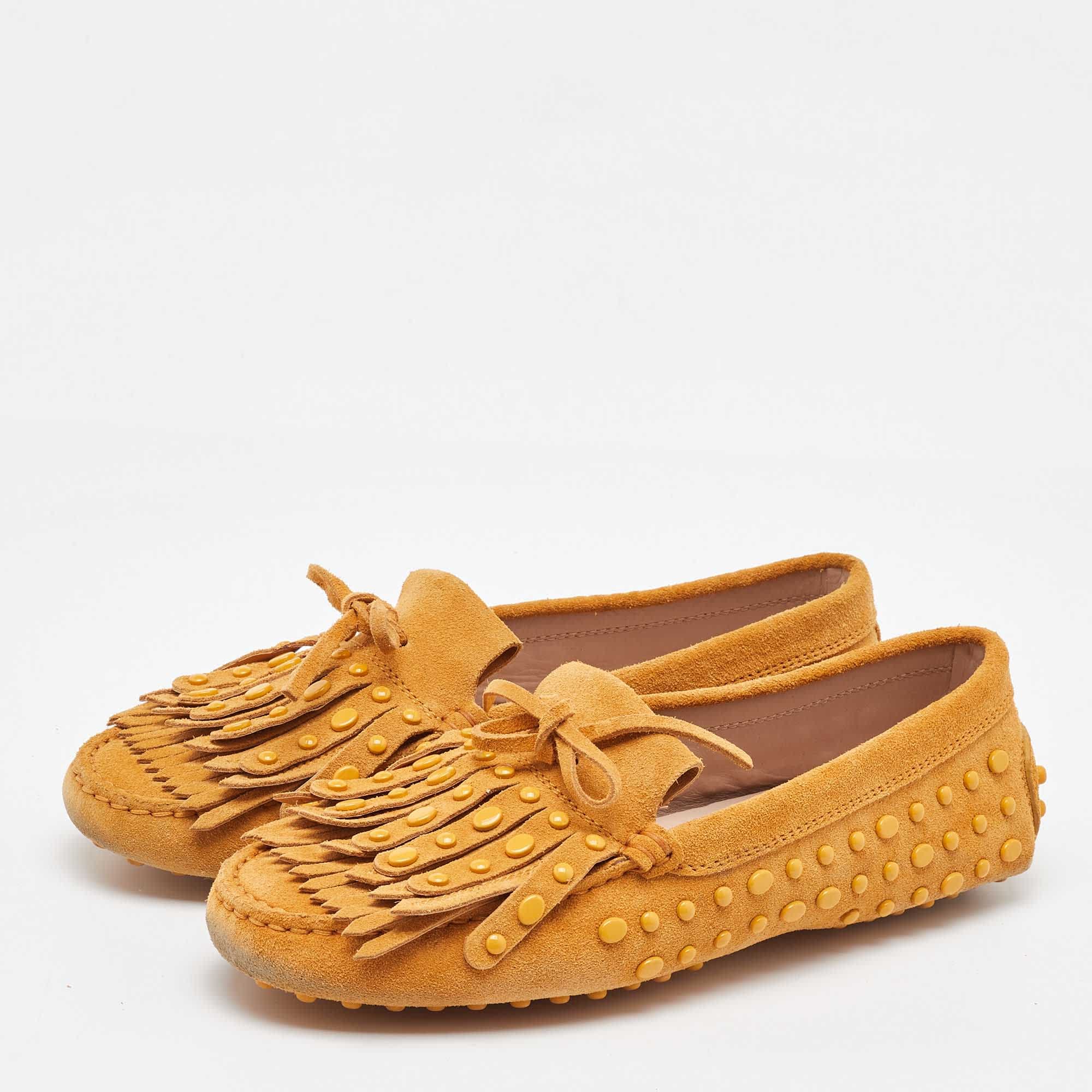Tod's Yellow Suede Studded Fringe Bow Slip On Loafers
