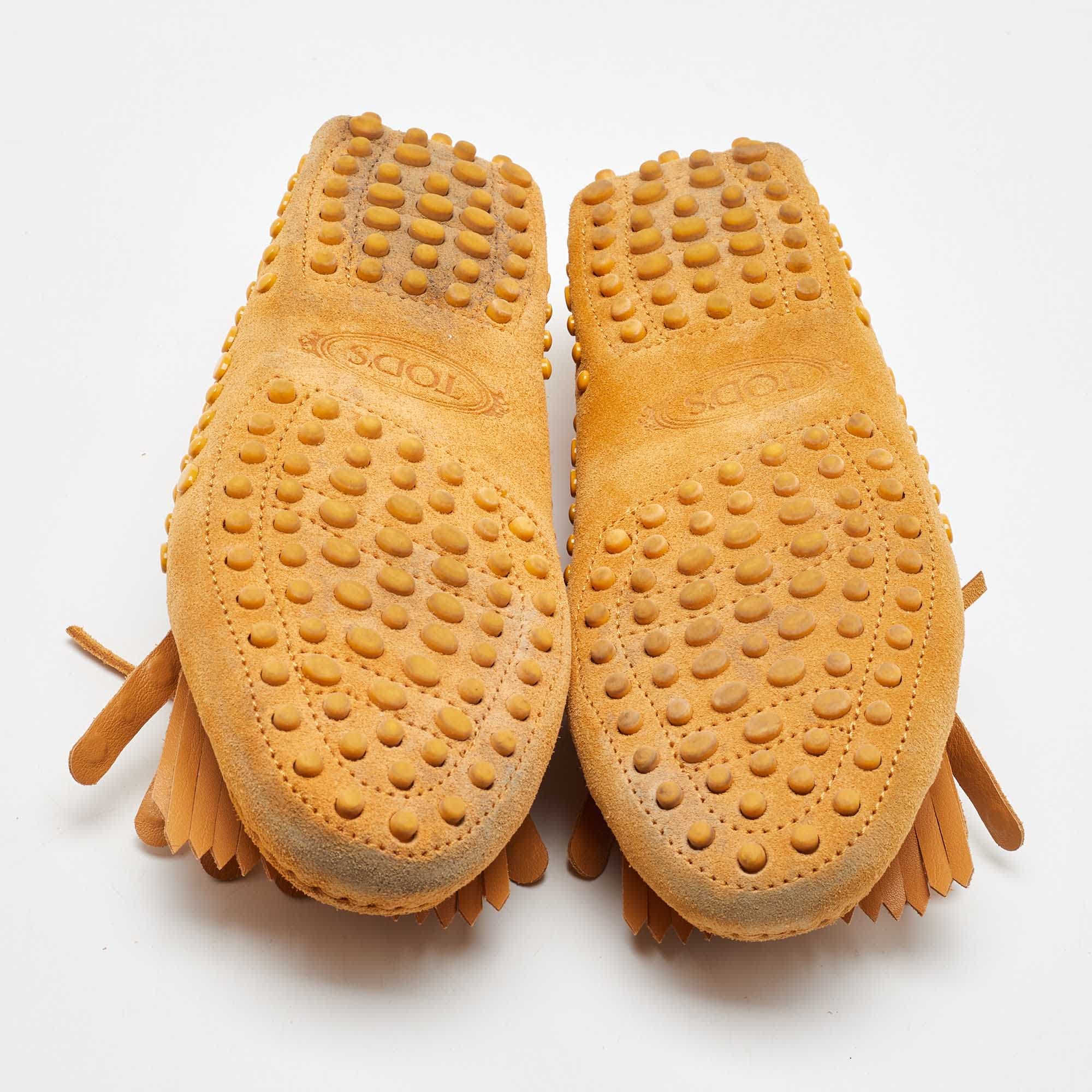 Tod's Yellow Suede Studded Fringe Bow Slip On Loafers