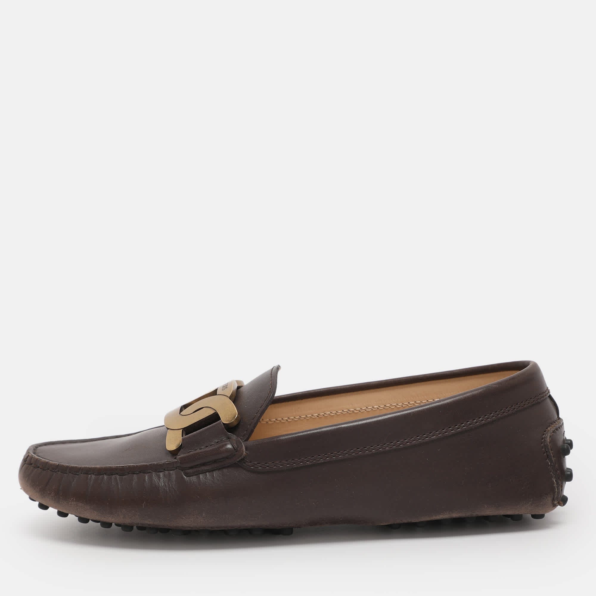 Tod's Brown Leather Kate Chain Slip On Loafers