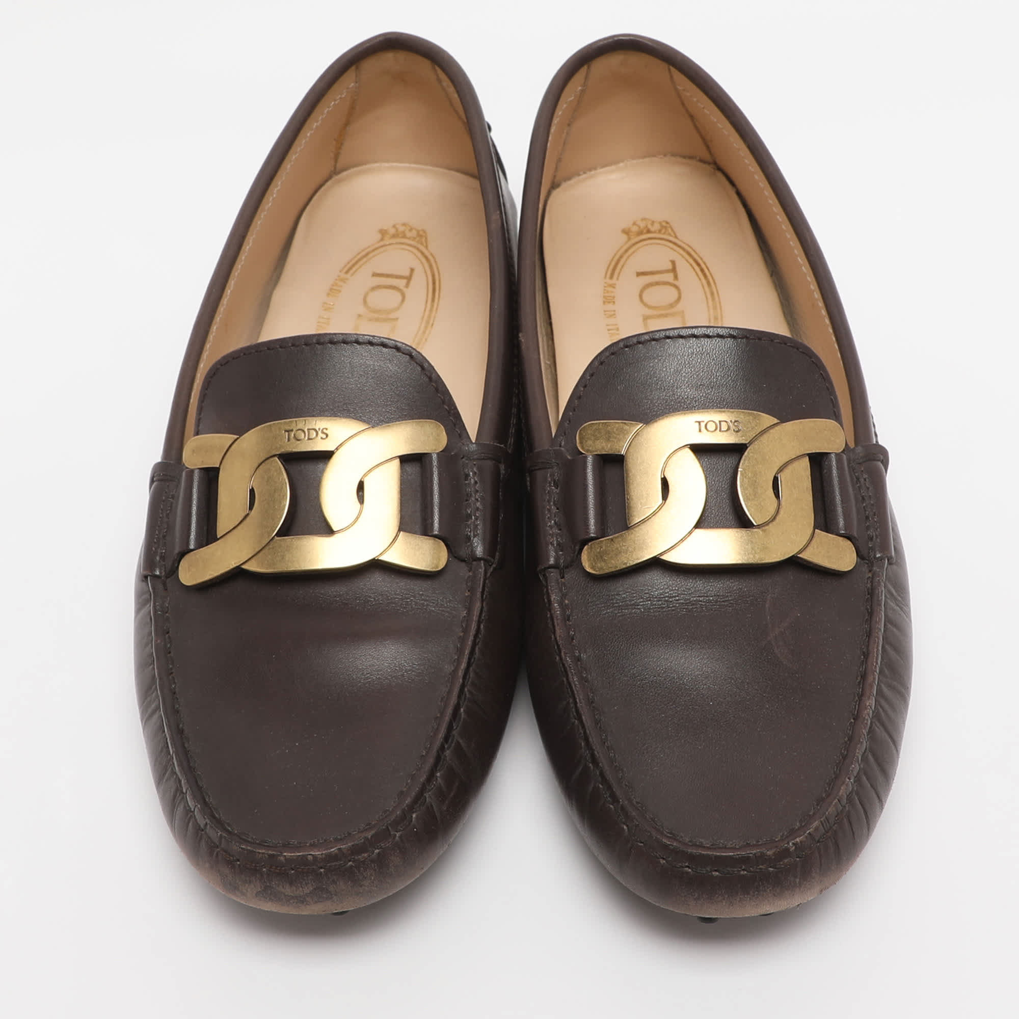Tod's Brown Leather Kate Chain Slip On Loafers