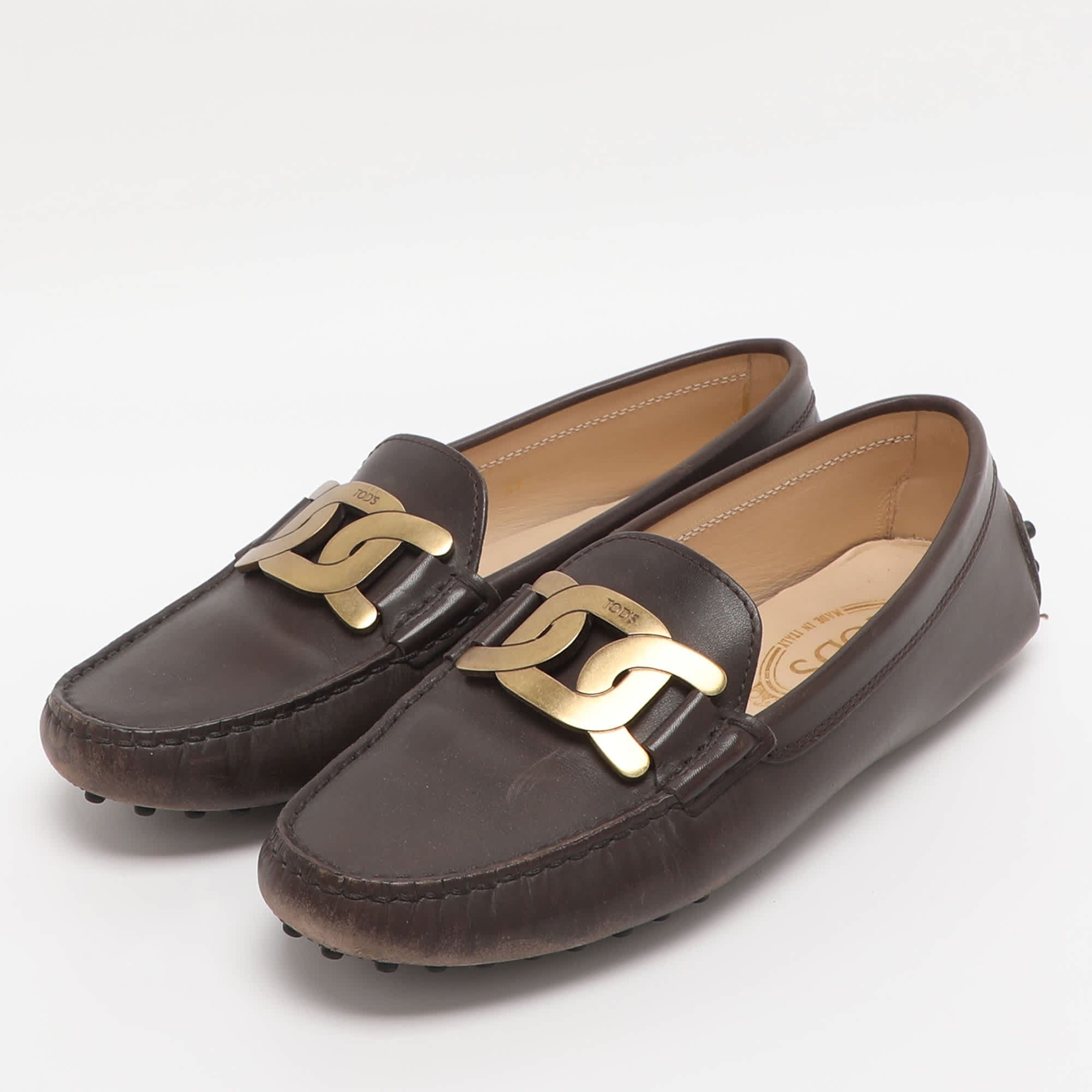 Tod's Brown Leather Kate Chain Slip On Loafers