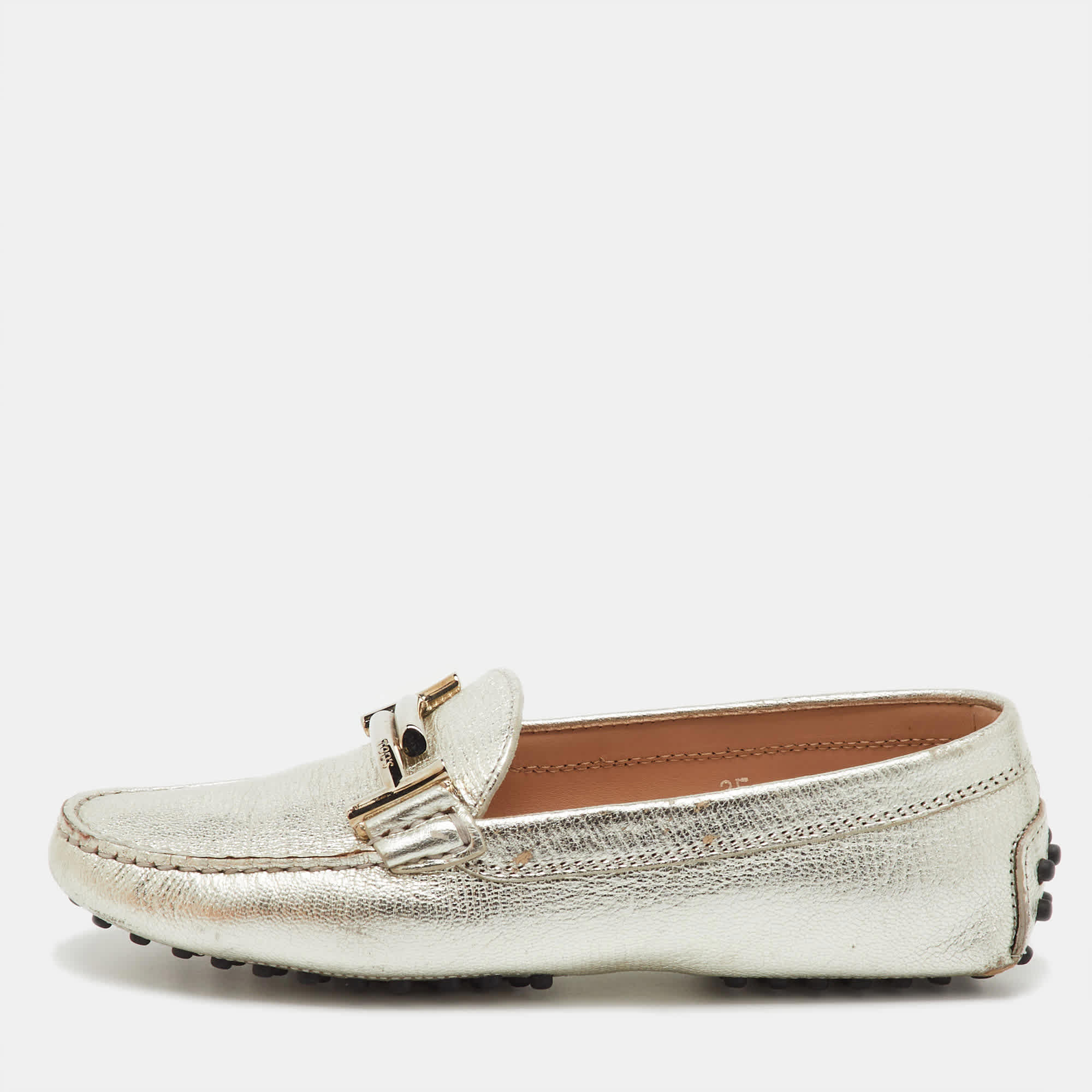 Tod's Silver Leather Double T Slip On Loafers
