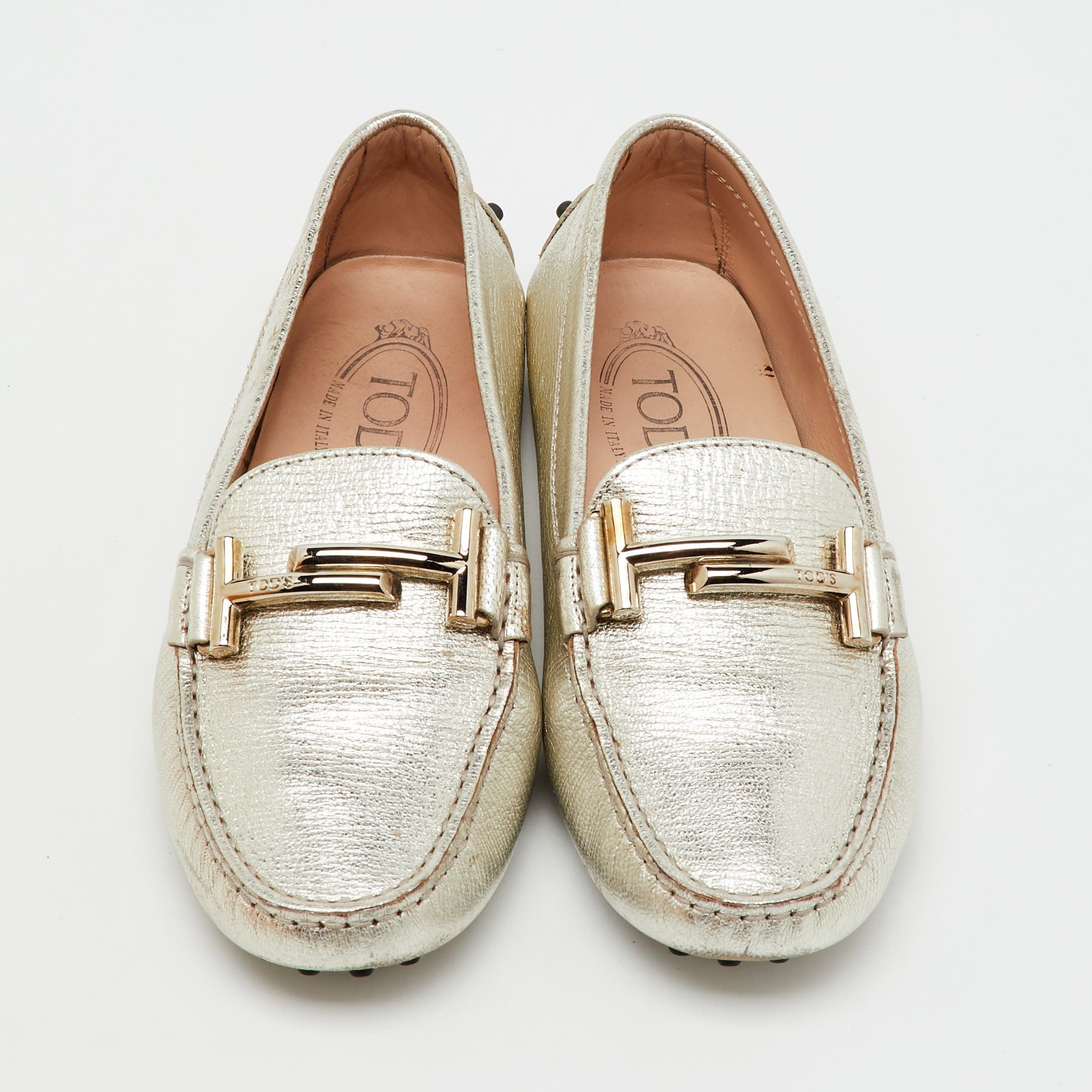Tod's Silver Leather Double T Slip On Loafers