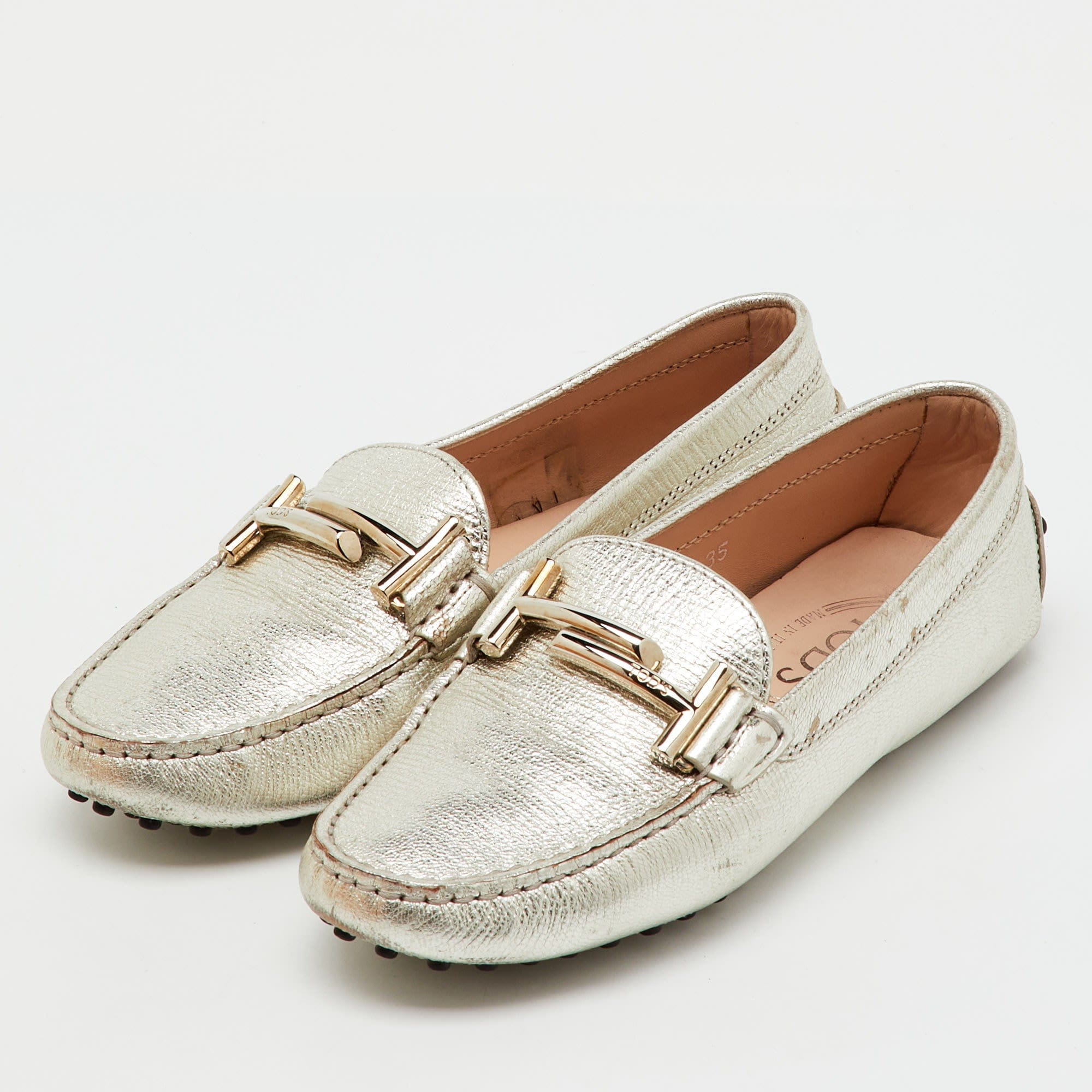 Tod's Silver Leather Double T Slip On Loafers