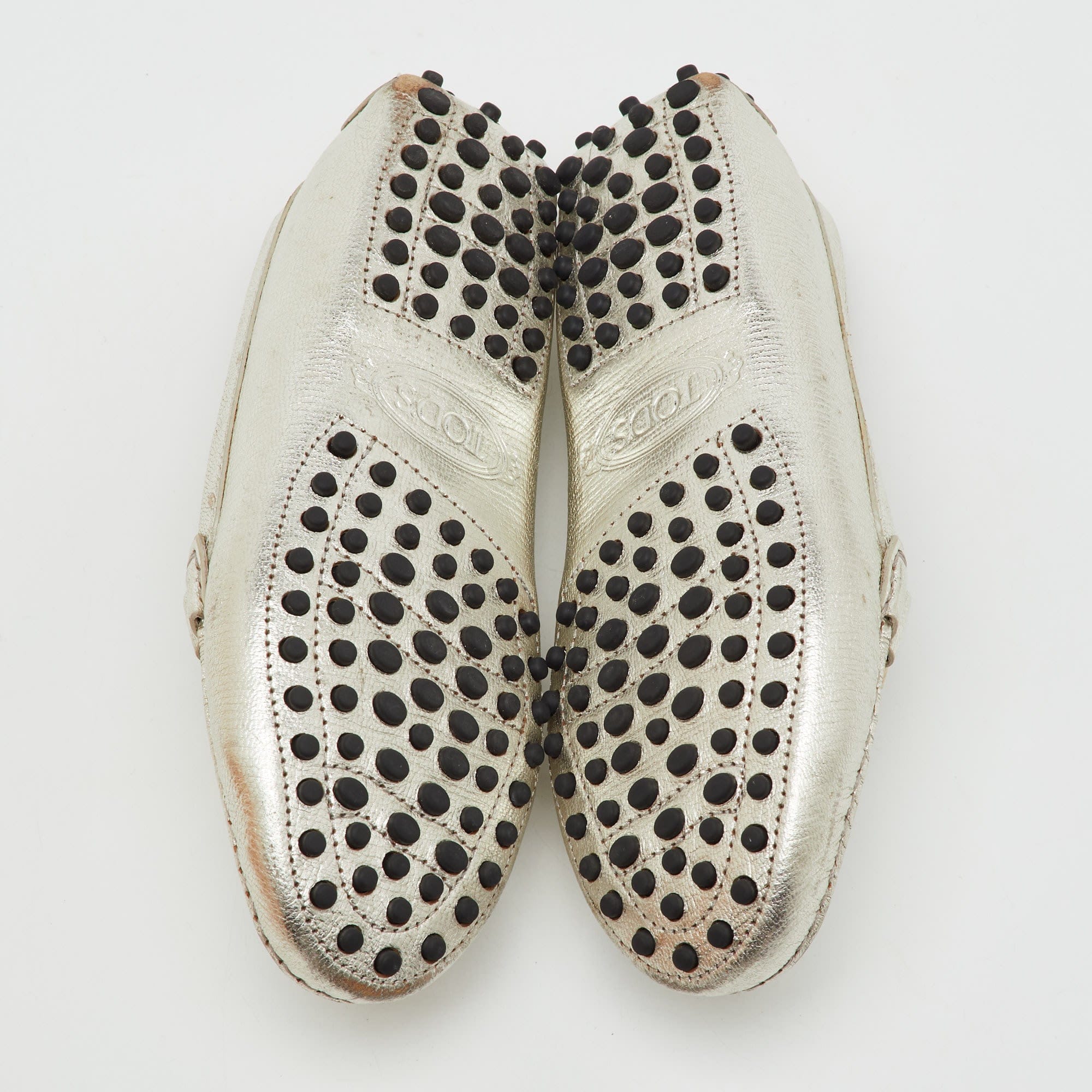 Tod's Silver Leather Double T Slip On Loafers