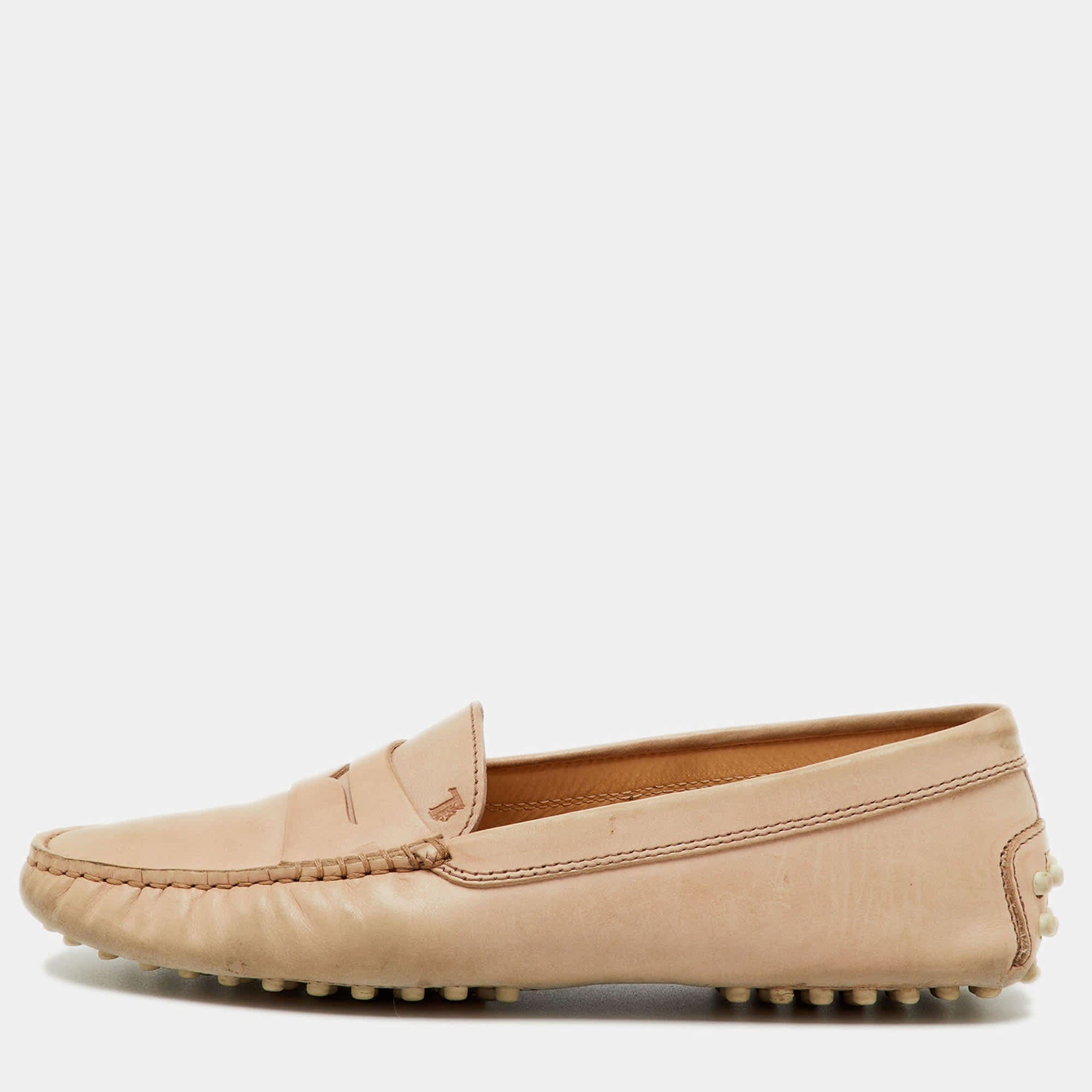 Tod's Beige Leather Penny Slip On Loafers
