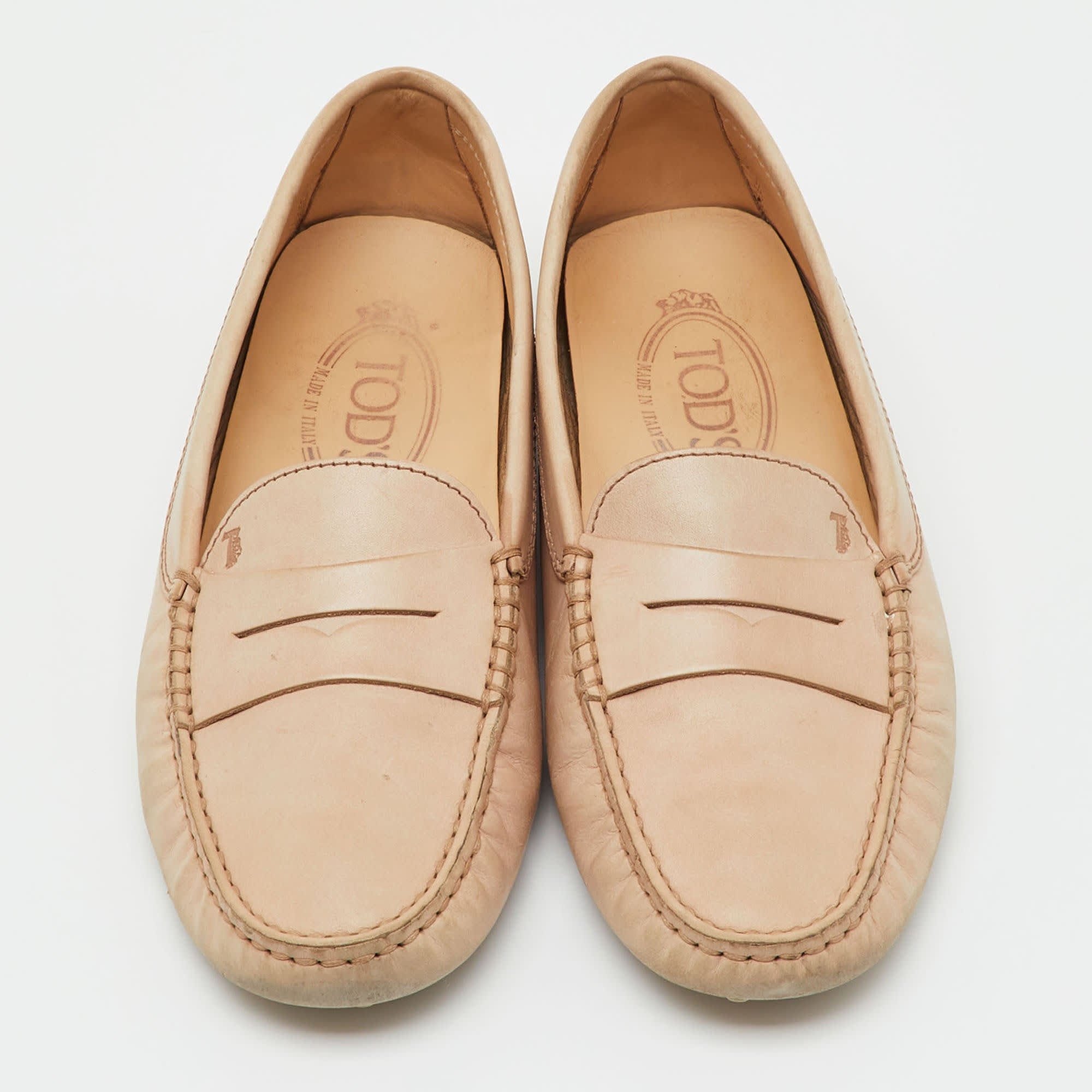 Tod's Beige Leather Penny Slip On Loafers