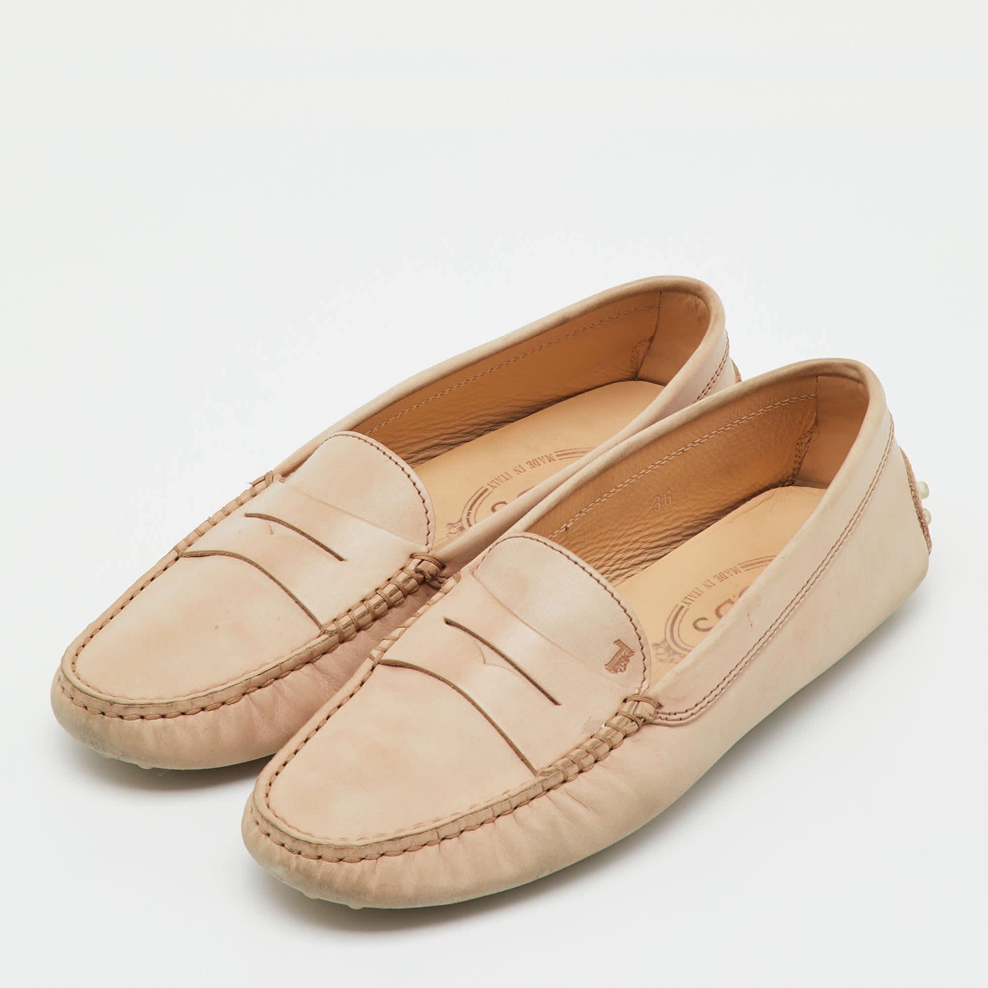 Tod's Beige Leather Penny Slip On Loafers