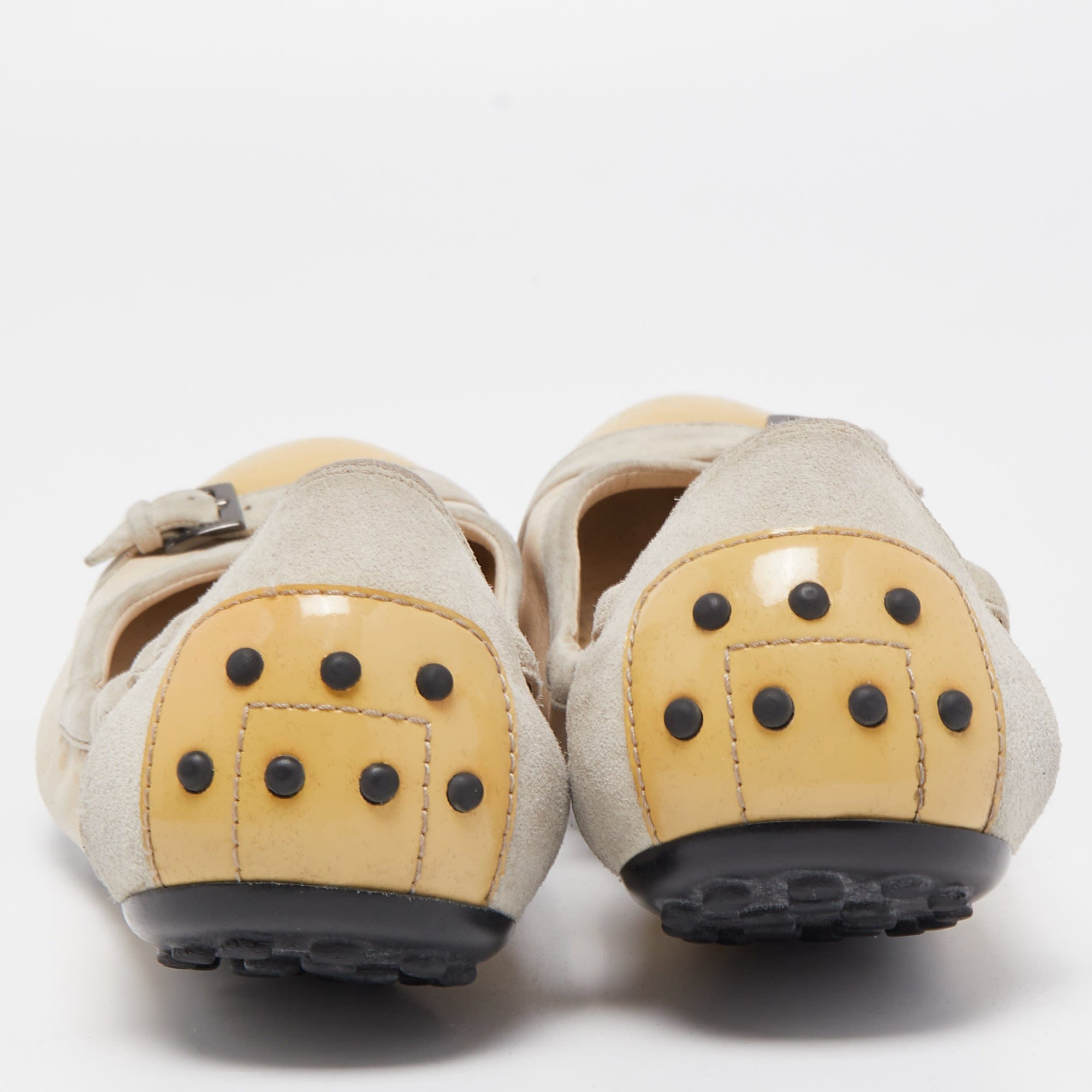 Tod's Beige/yellow Patent Leather And Suede Cap Toe Scrunch Ballet Flats