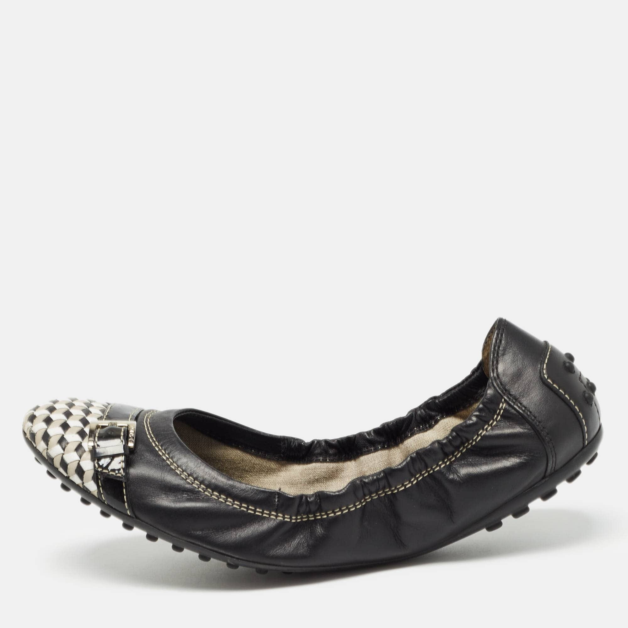 Tod's Black/white Leather Bow Detail Scrunch Ballet Flats