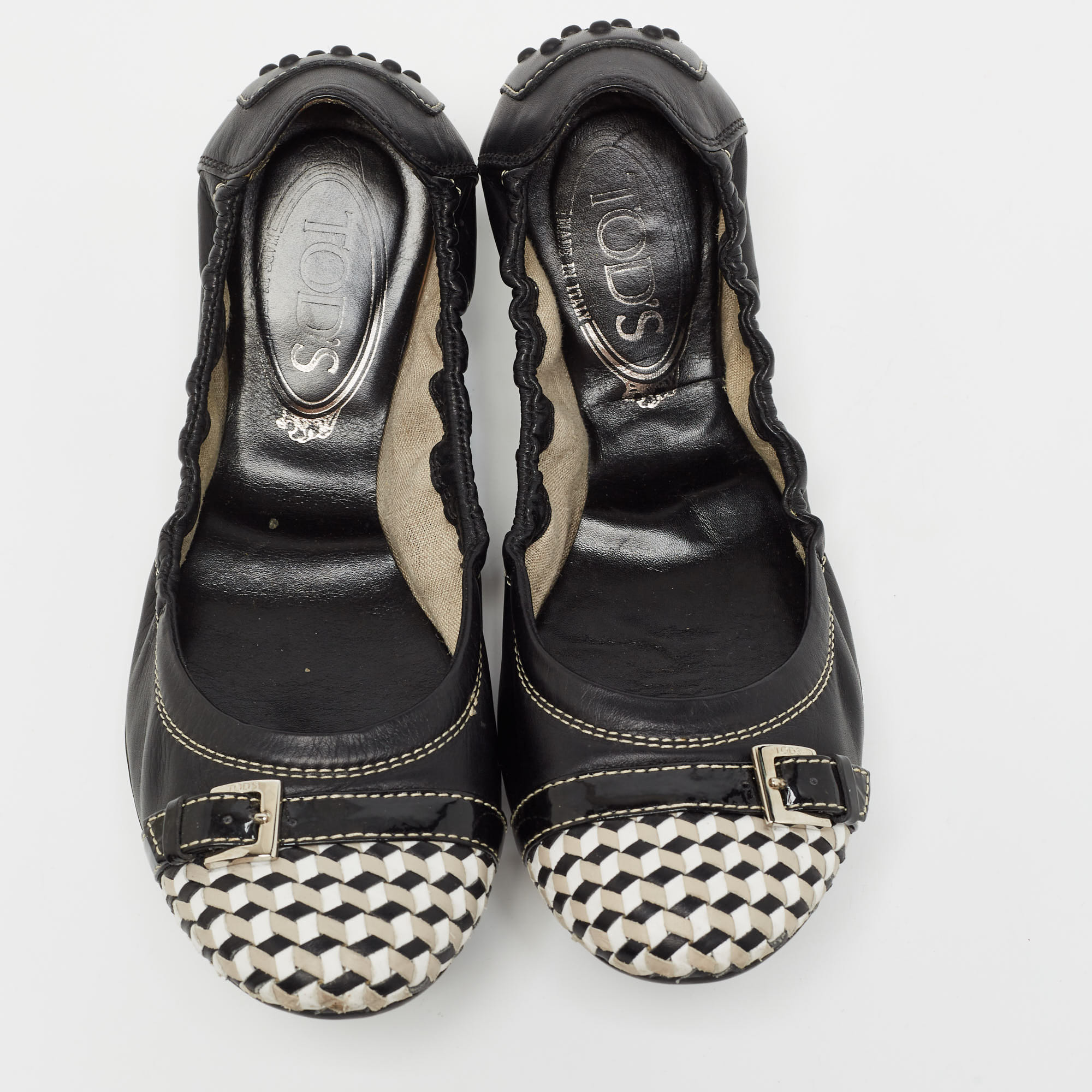 Tod's Black/white Leather Bow Detail Scrunch Ballet Flats