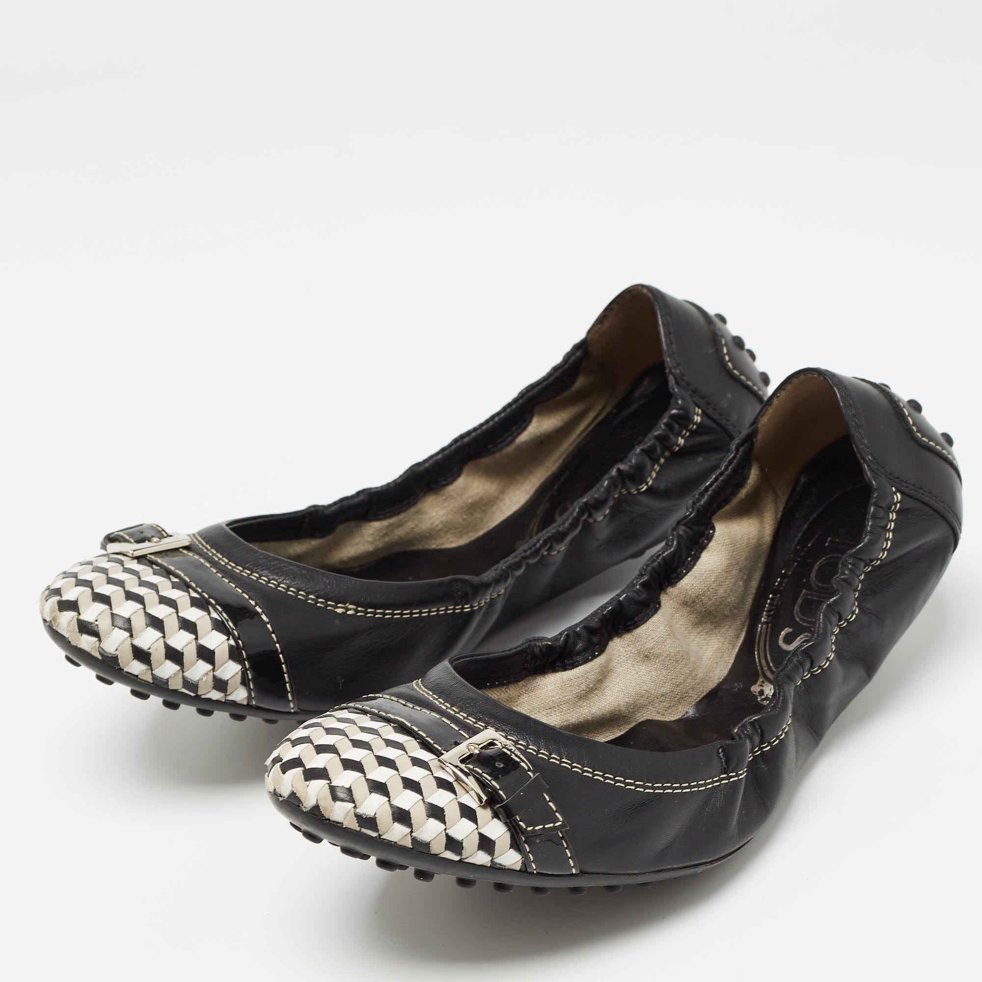 Tod's Black/white Leather Bow Detail Scrunch Ballet Flats