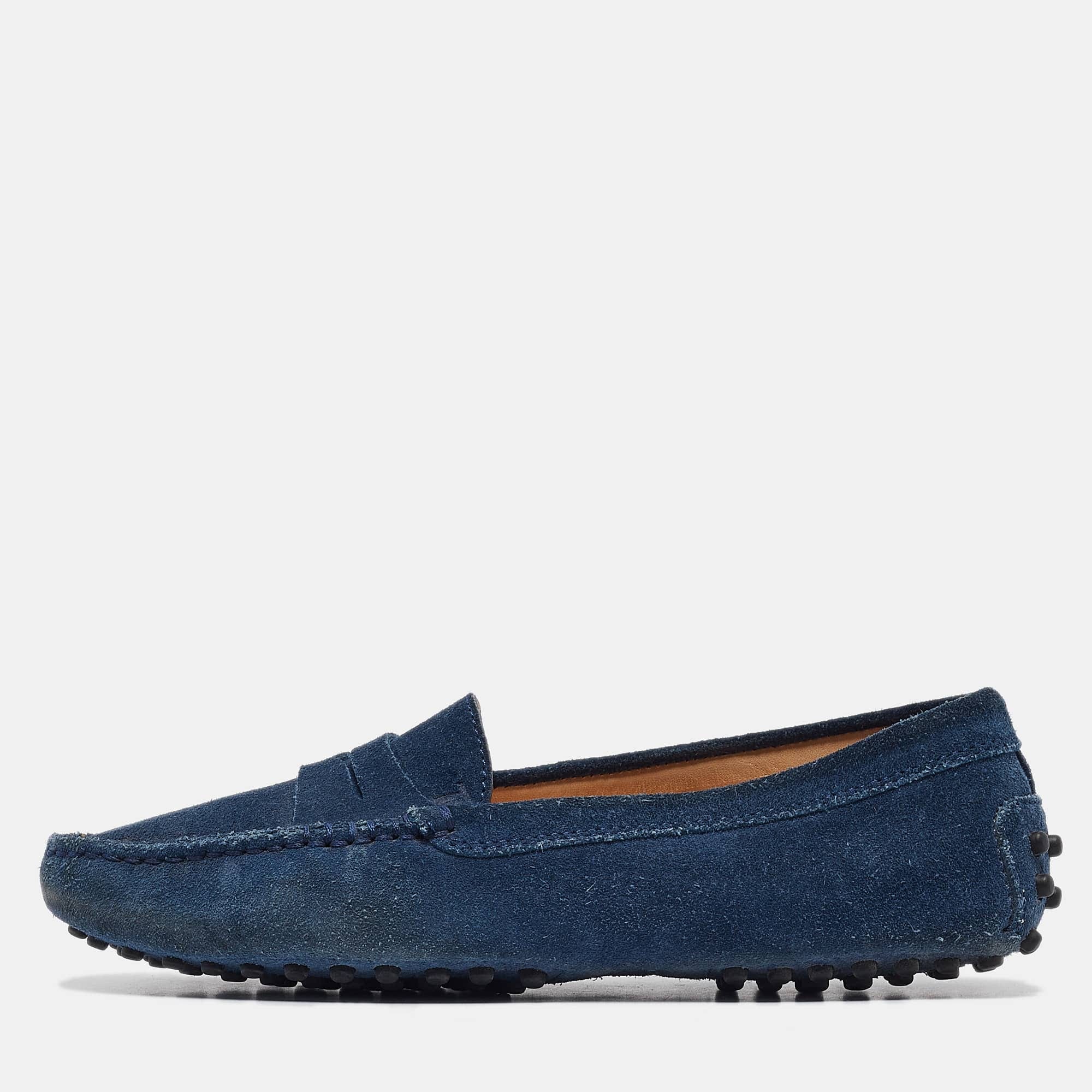 Tod's Blue Suede Gommino Penny Loafers