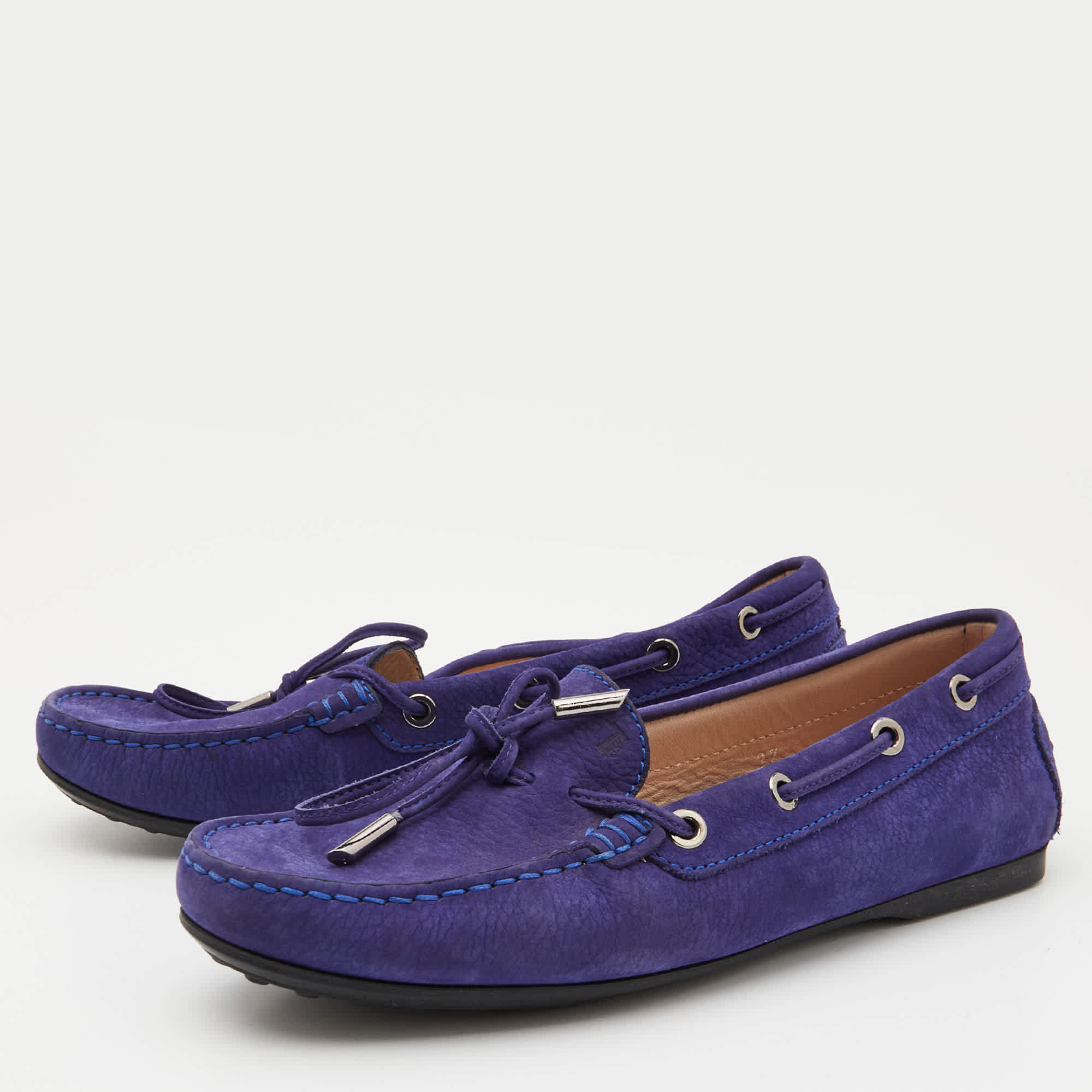 Tod's Blue Nubuck Leather Bow Slip On Loafers