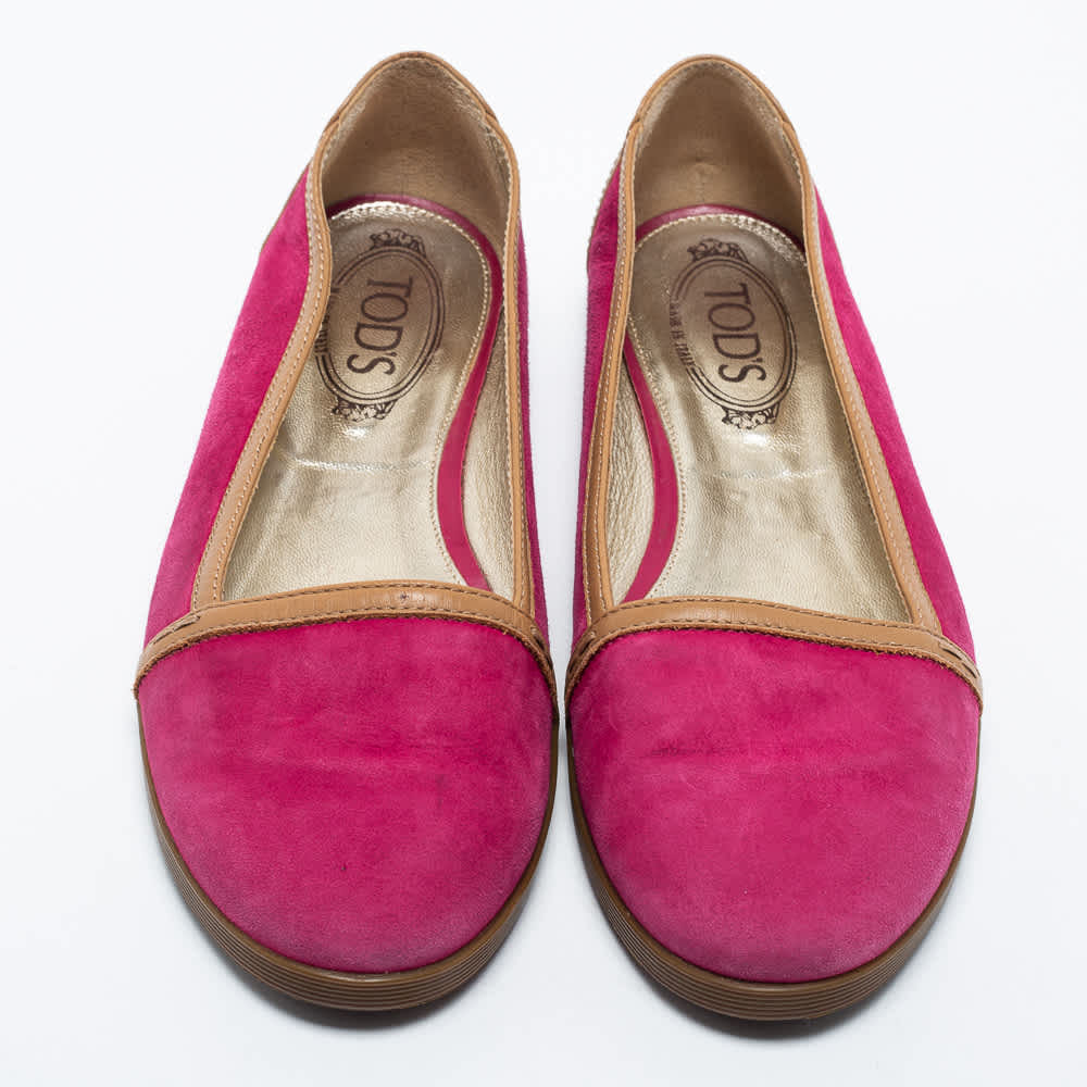 Tod's Pink/brown Suede And Leather Ballet Flats