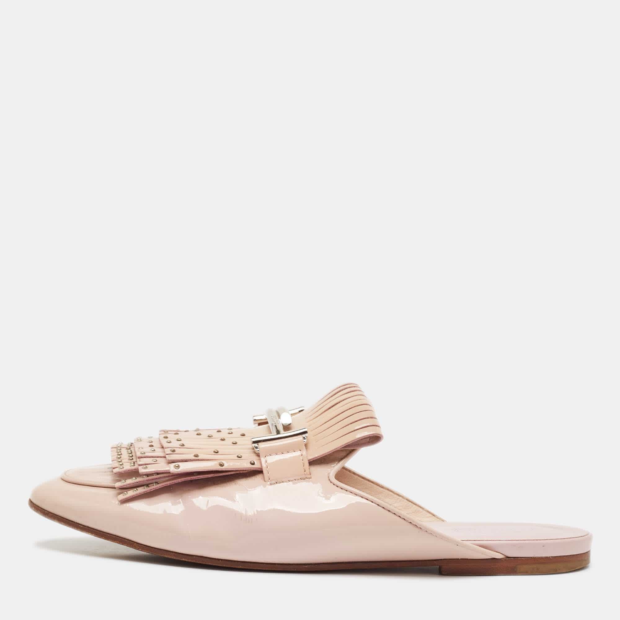 Tod's Beige Patent Studded Double T Mules