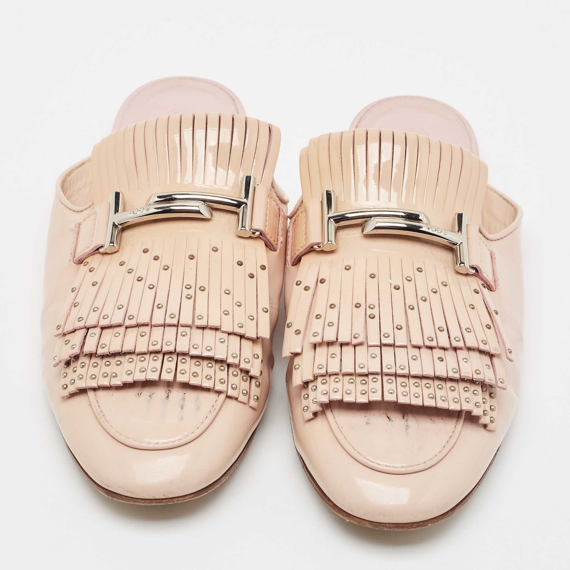 Tod's Beige Patent Studded Double T Mules