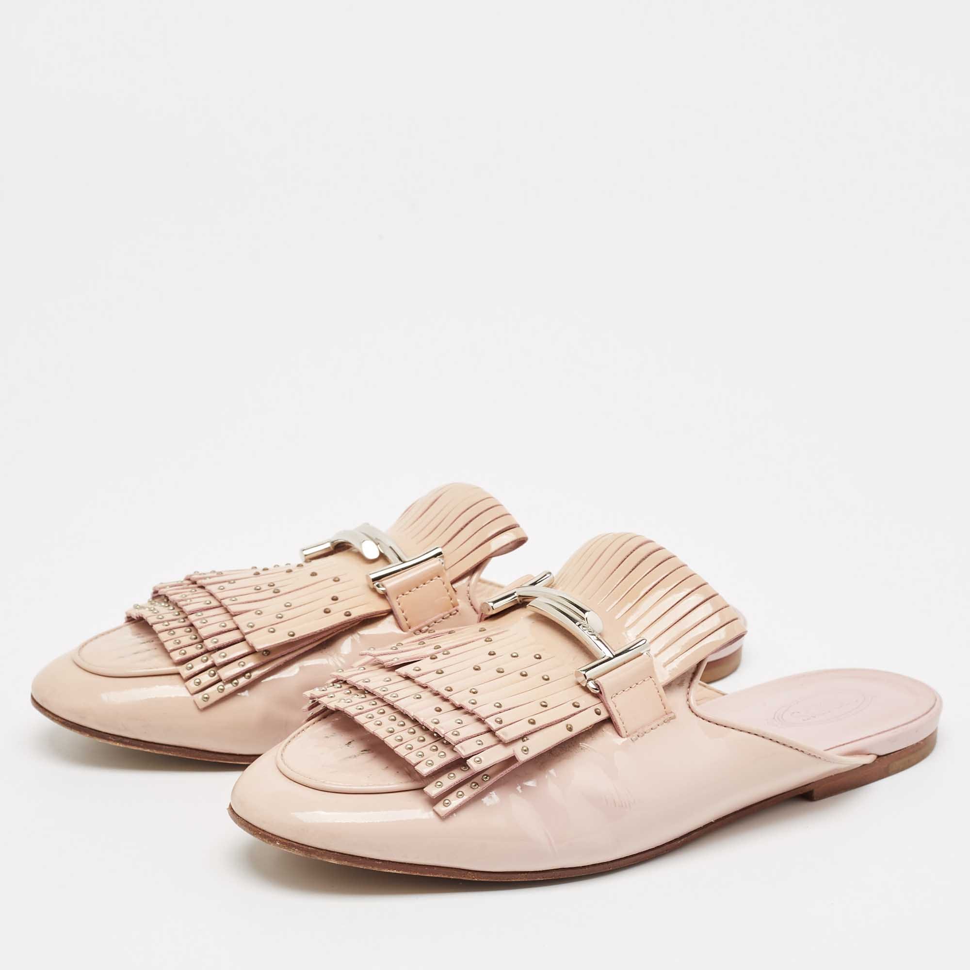 Tod's Beige Patent Studded Double T Mules