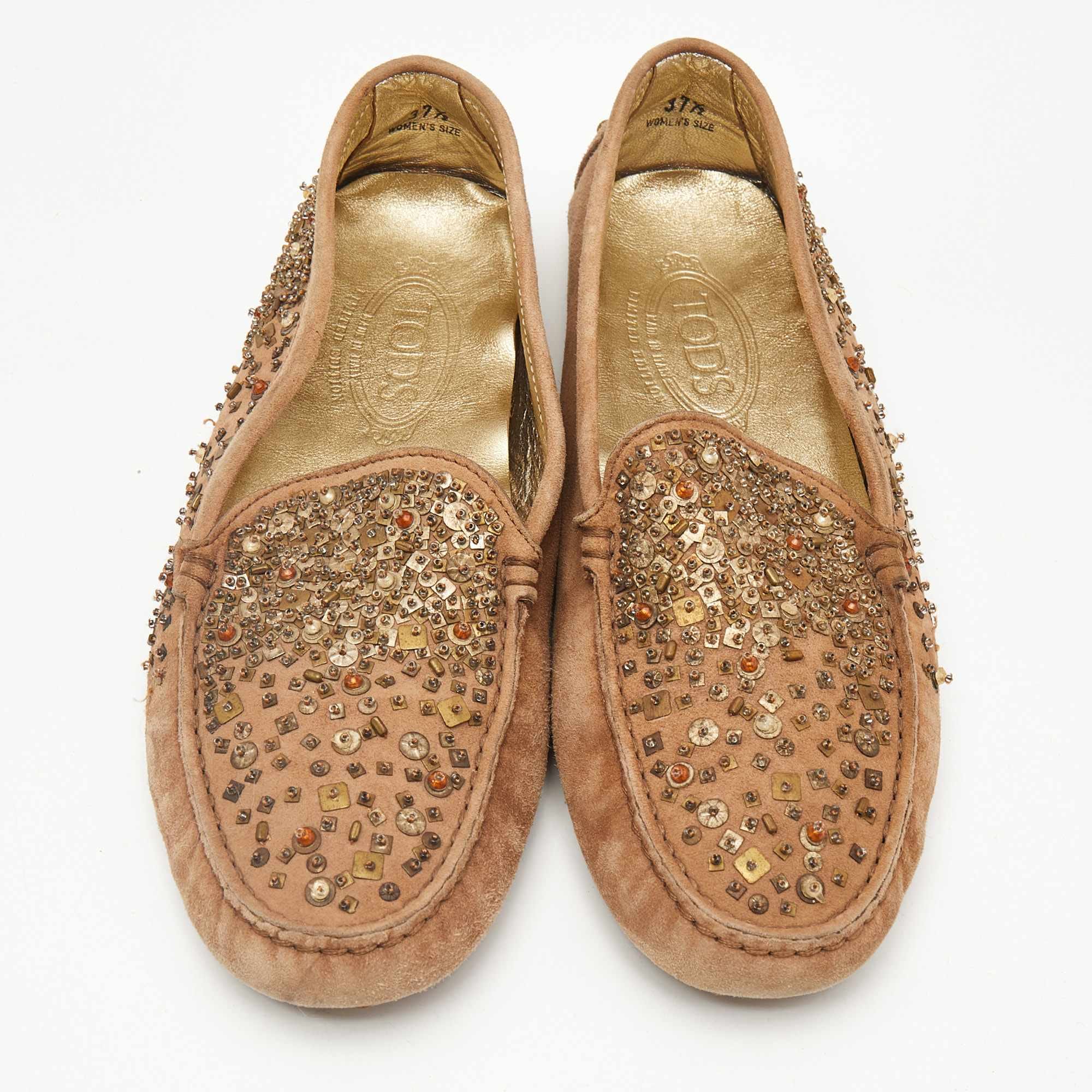 Tod's Brown Suede Crystal Embellished Driver Loafers