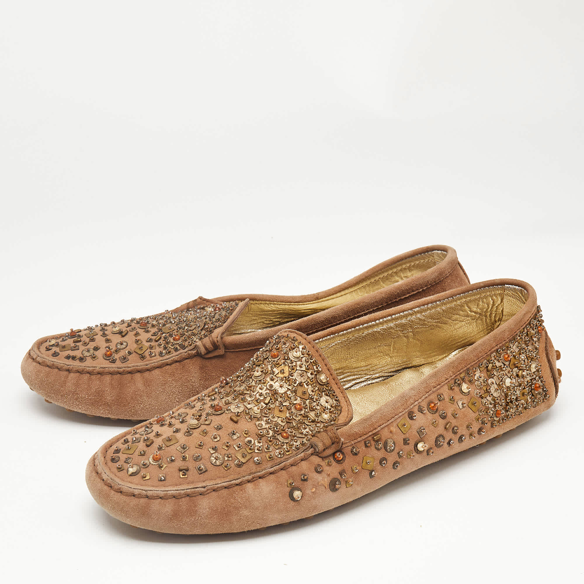 Tod's Brown Suede Crystal Embellished Driver Loafers