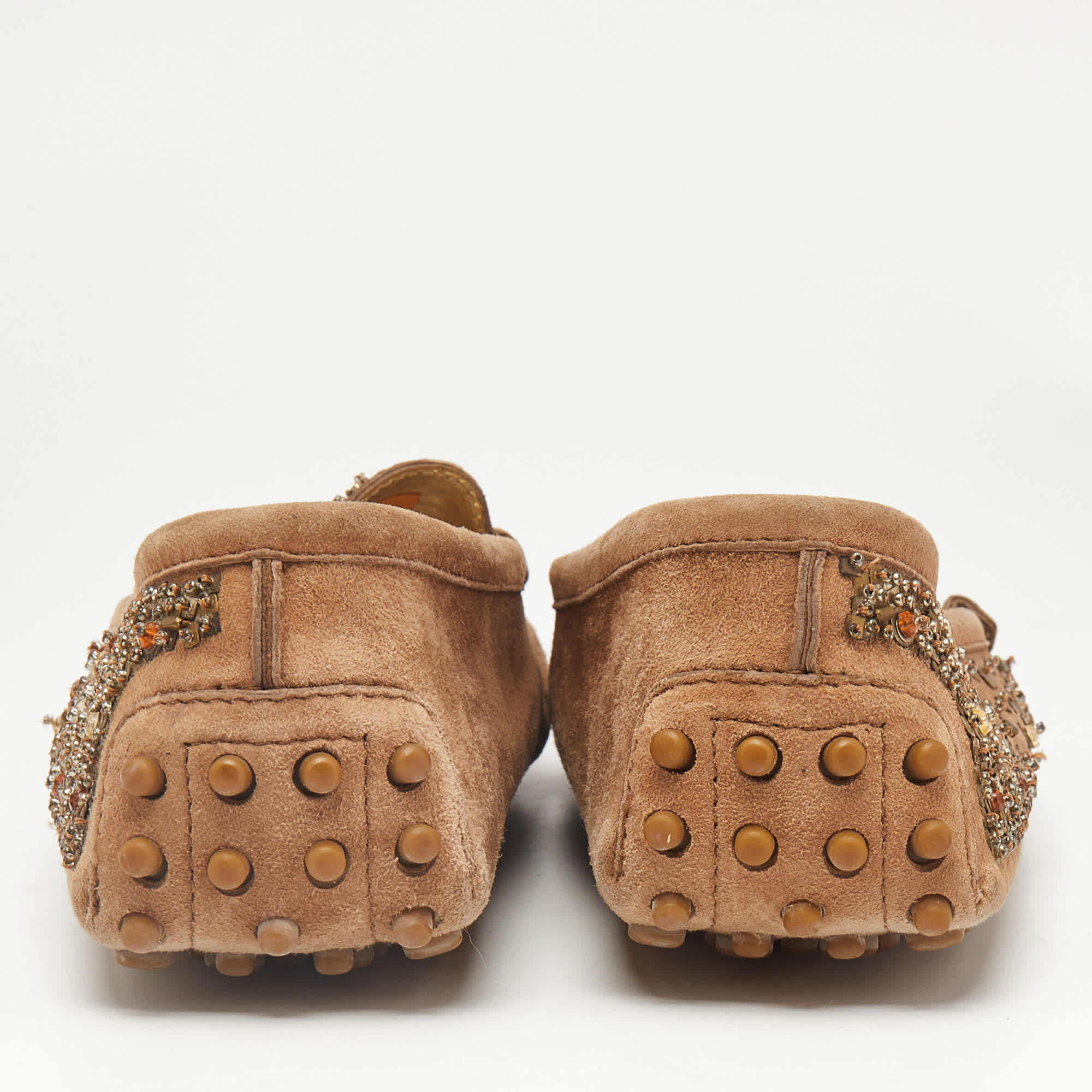 Tod's Brown Suede Crystal Embellished Driver Loafers