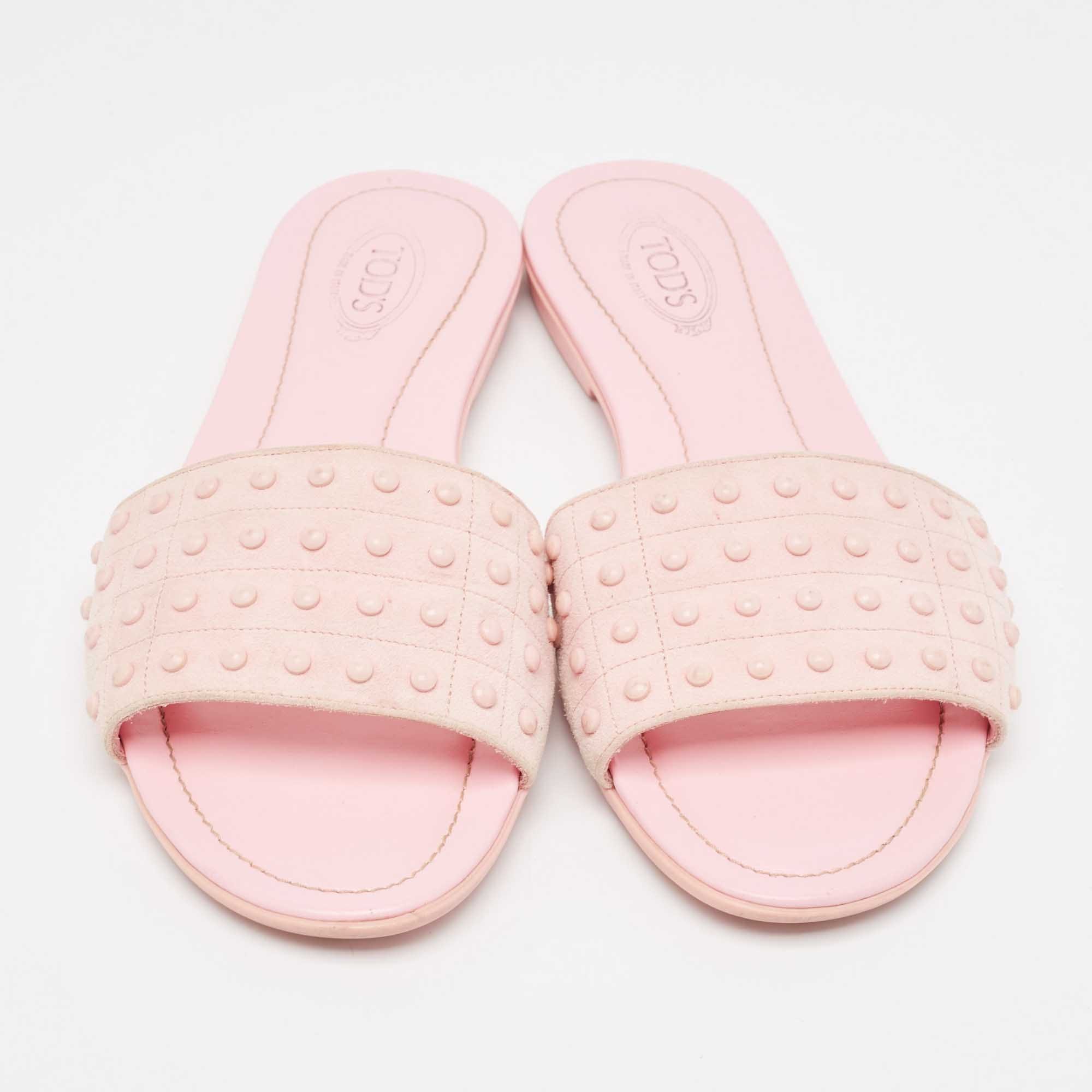 Tod's Pink Suede Studded Flat Slides