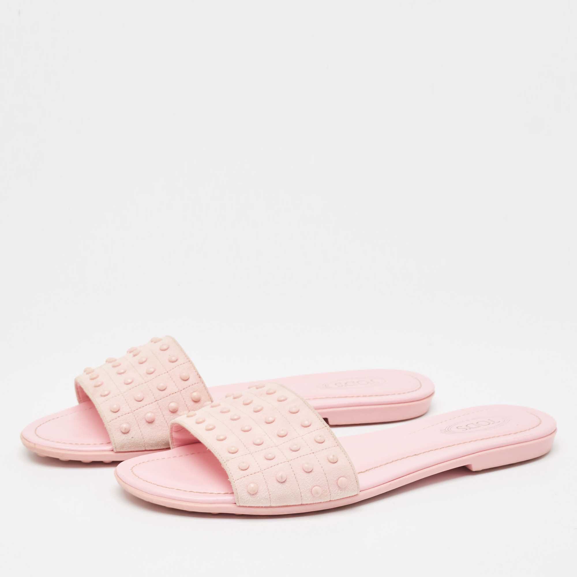 Tod's Pink Suede Studded Flat Slides