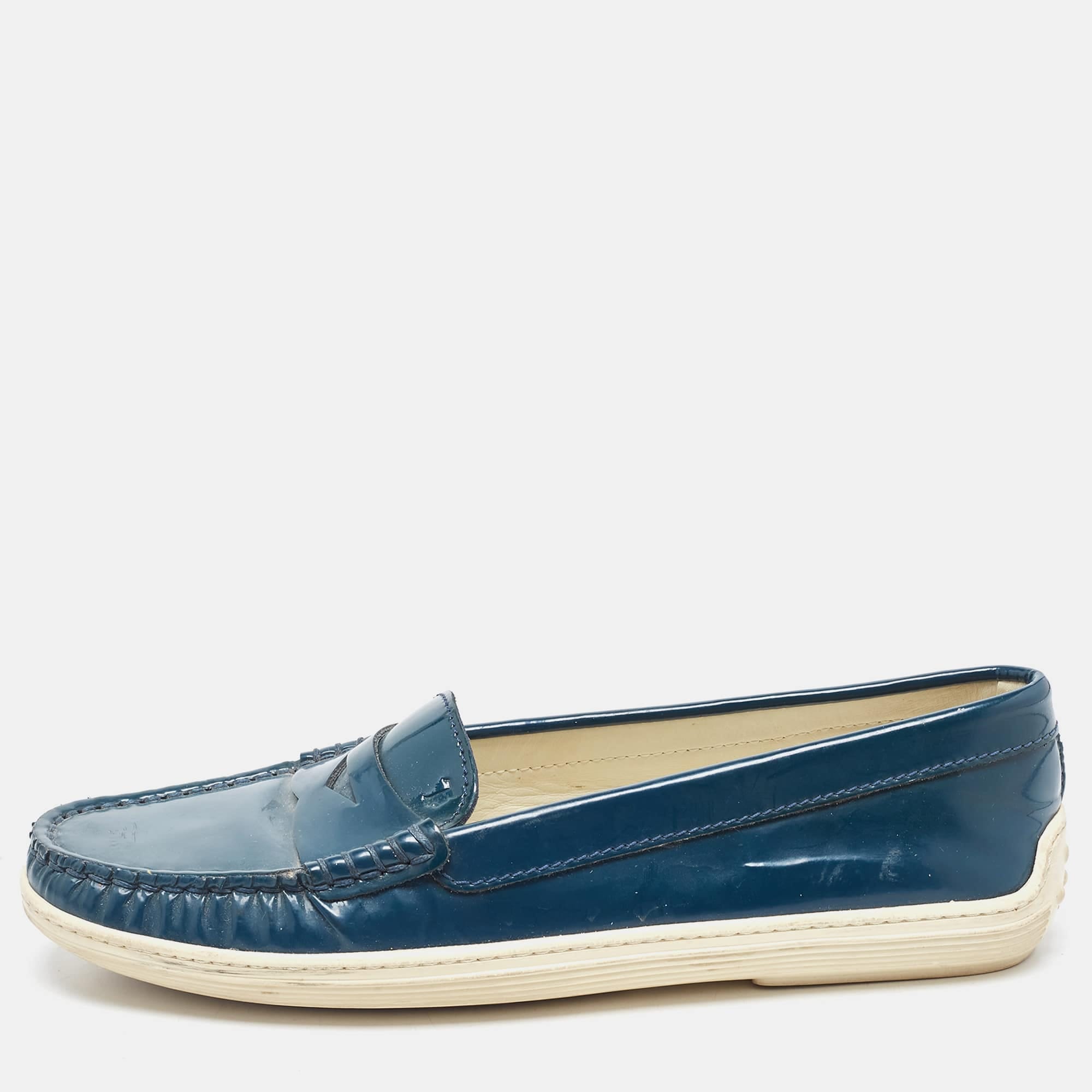 Tod's Teal Patent Leather Penny Loafers