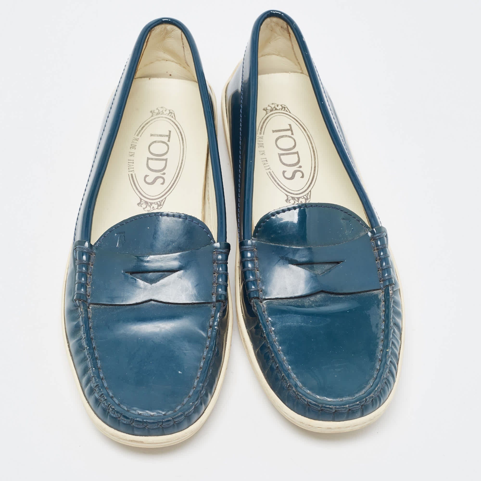 Tod's Teal Patent Leather Penny Loafers