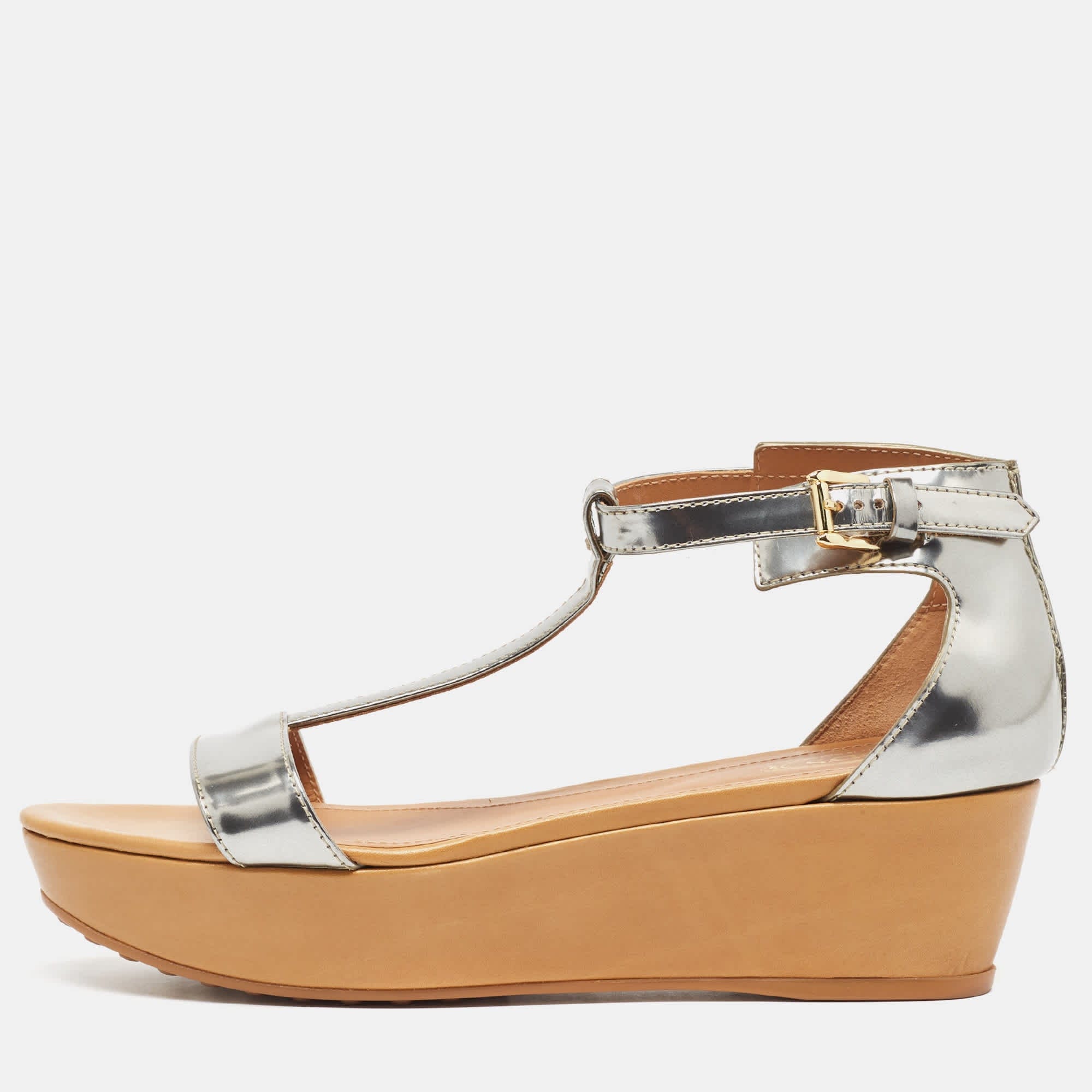 Tod's Sliver Leather Wedge Ankle Strap Sandals