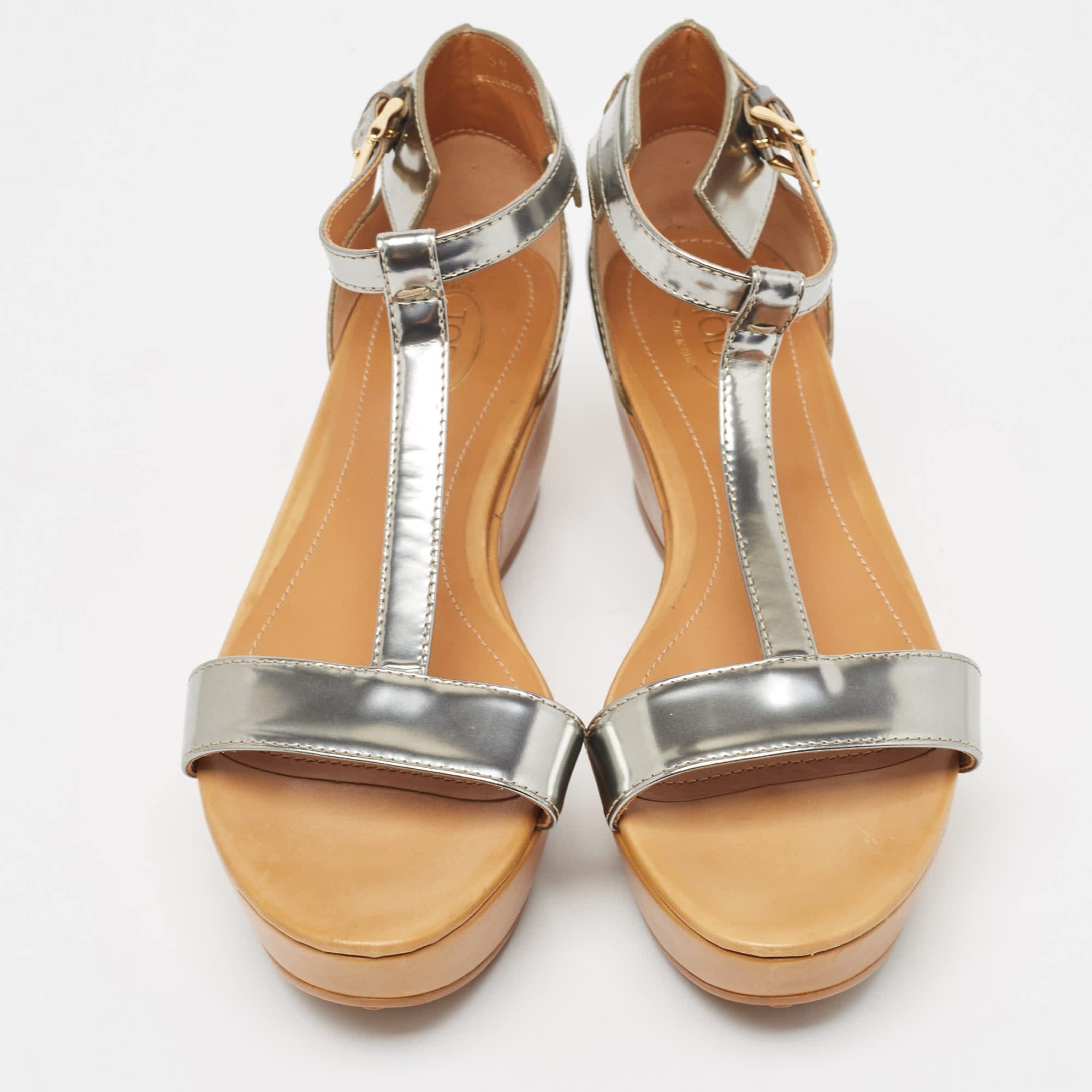 Tod's Sliver Leather Wedge Ankle Strap Sandals