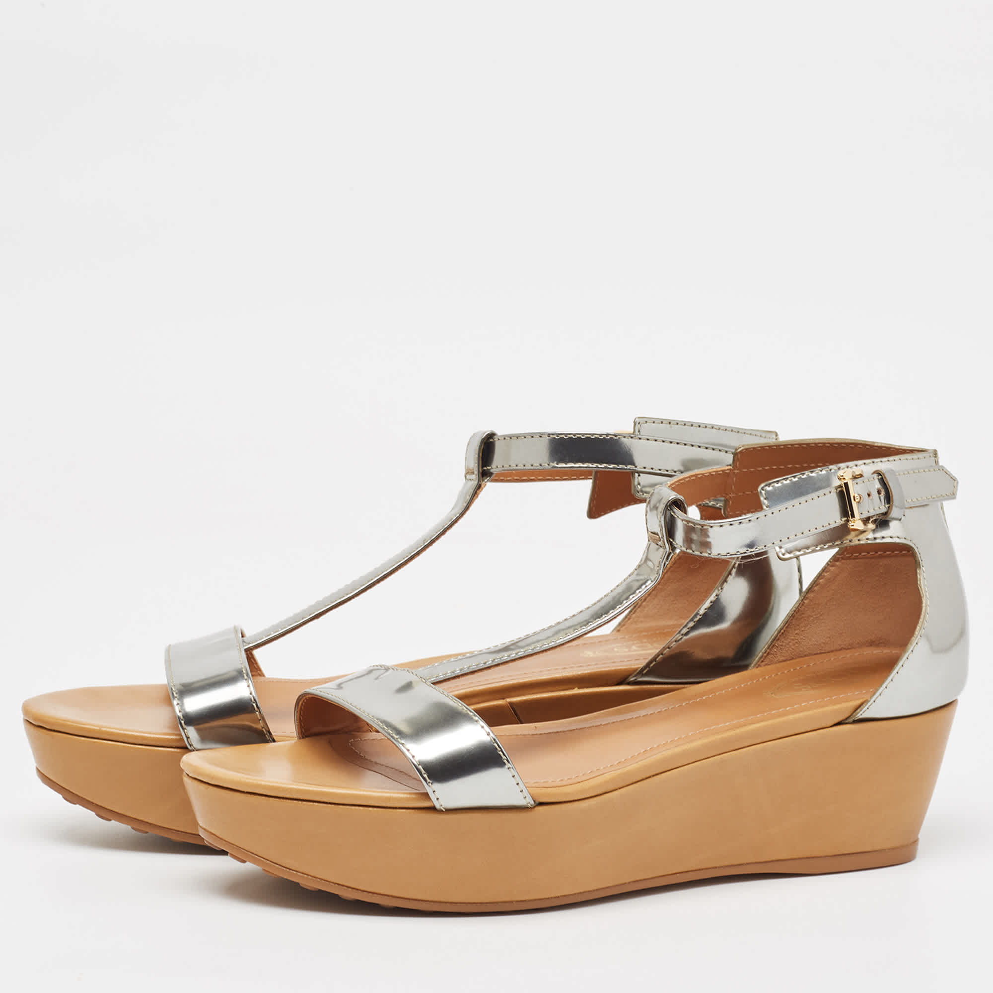 Tod's Sliver Leather Wedge Ankle Strap Sandals