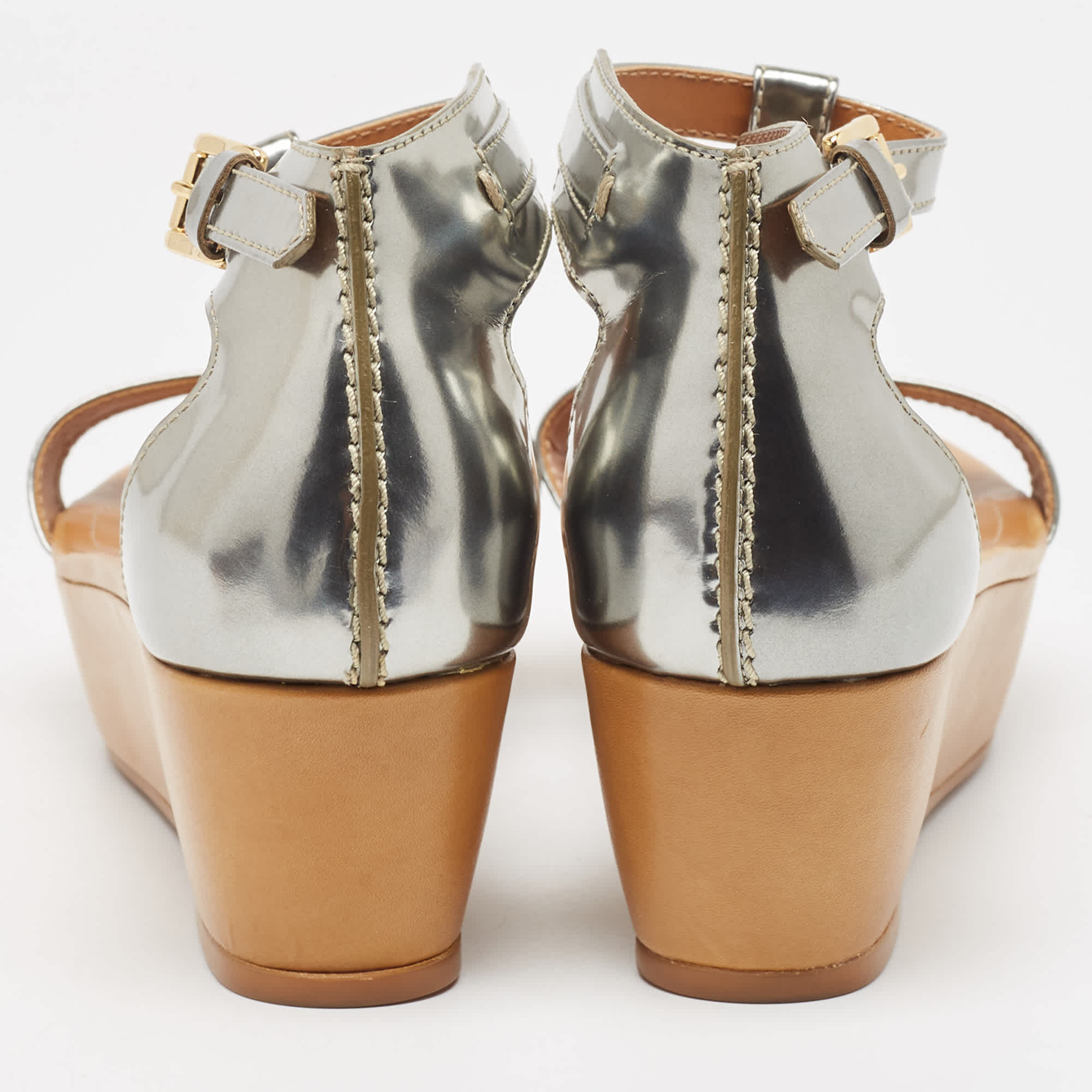 Tod's Sliver Leather Wedge Ankle Strap Sandals