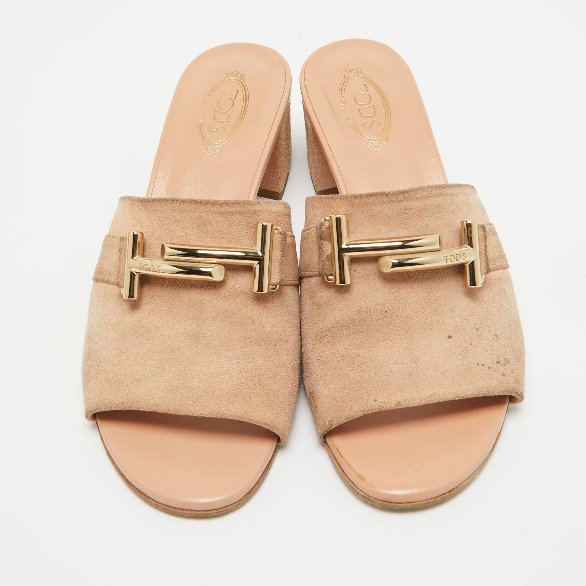 Tod's Pink Suede Double T Buckle Slide Sandals