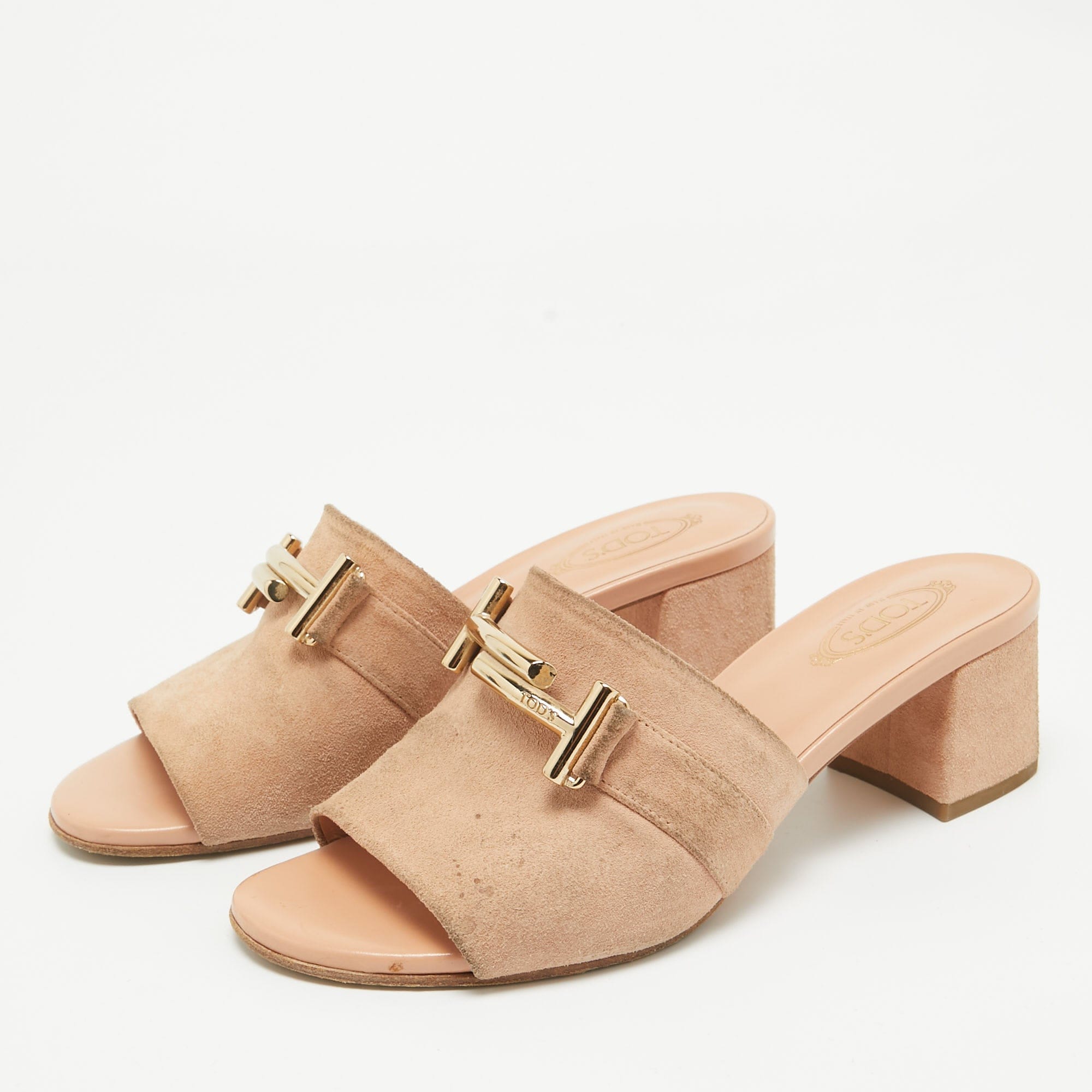 Tod's Pink Suede Double T Buckle Slide Sandals