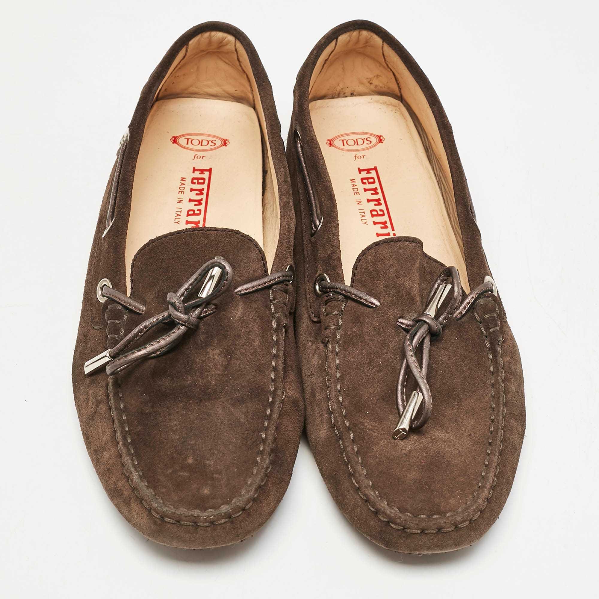 Tod's For Ferrari Brown Suede Bow Slip On Loafers